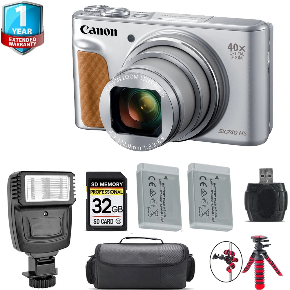 Canon PowerShot SX740 HS Digital Camera (Silver) + Extra Battery + 1 Yr Warranty + 32GB