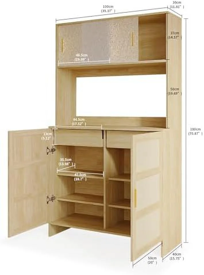 HYHBIBOOM Kitchen Rattan Pantry Cabinet   Cabinet with Rattan Doors  Sliding Doors and 2 Drawers  Freestanding Sideboard Buffet with Adjustable Shelves  Cupboard for Home (Wood Color)