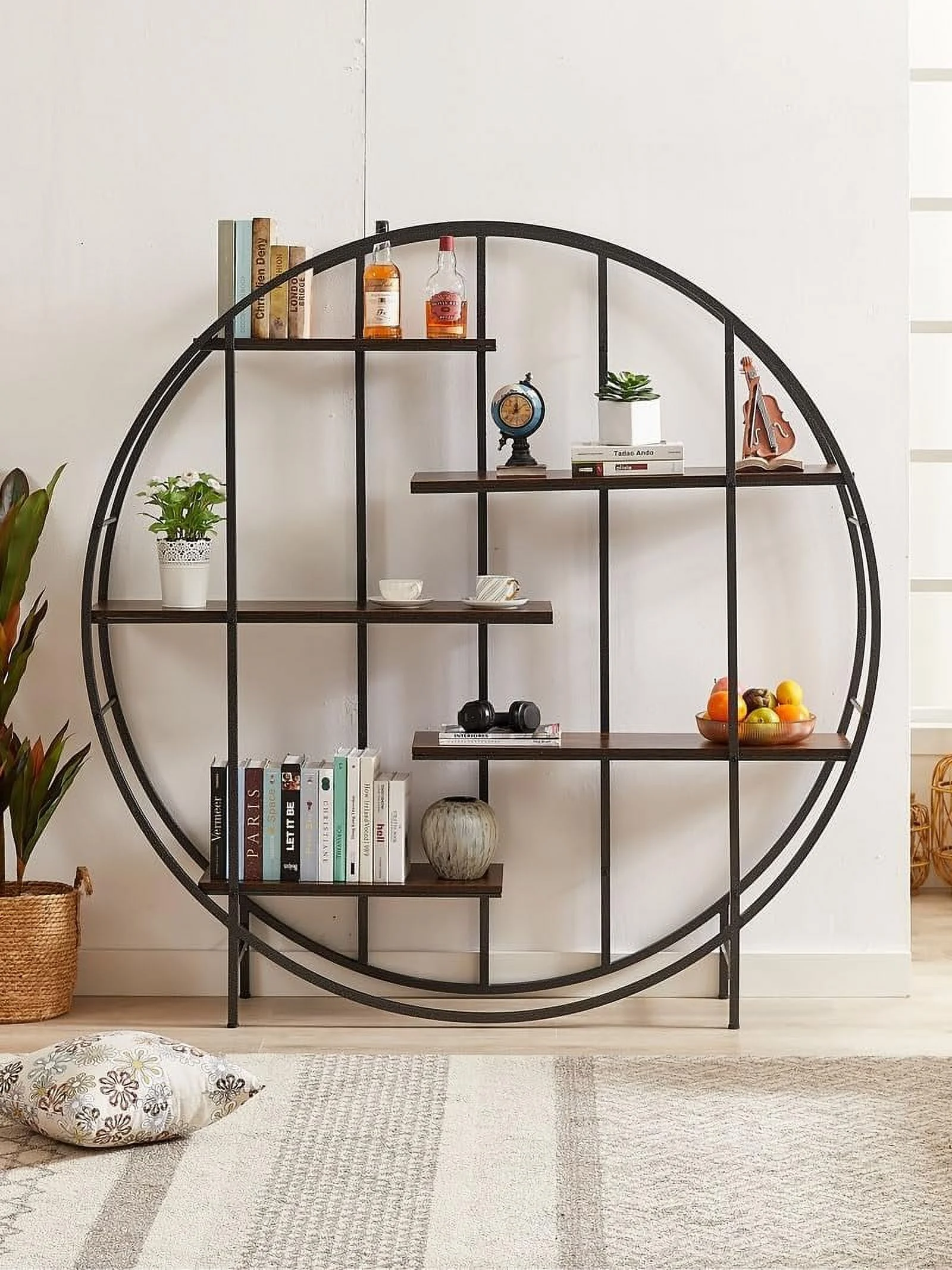 HBBOOMLIFE Plant Stand  Round 5-Tier Plant  for Indoor & Outdoor  Metal Plant Stand  Open Bookcase  Rack  Balcony Display Stand for Indoor Living Room  Terrace  Garden  Rustic Brown