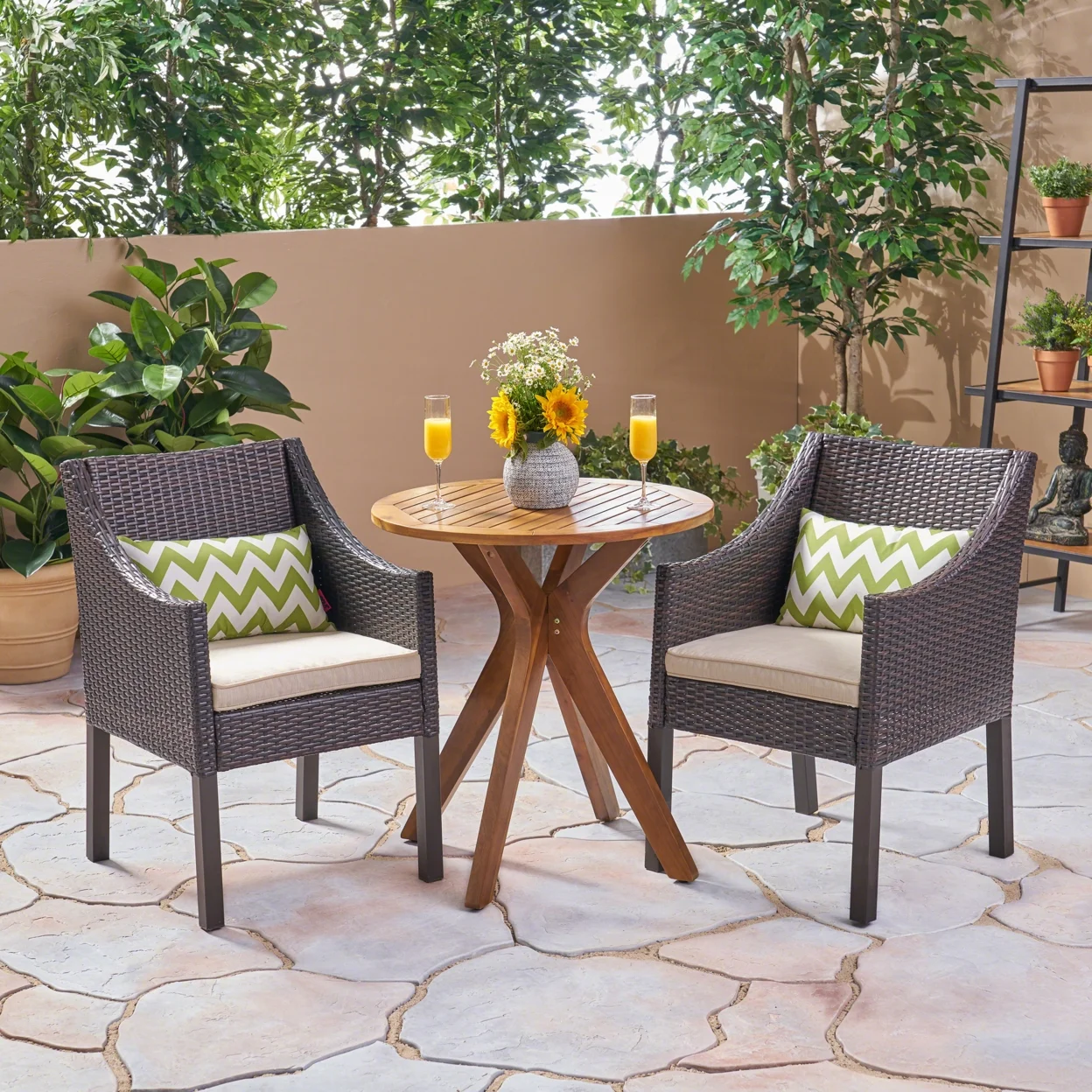 GDF Studio Farlie Outdoor Acacia Wood and Wicker 3 Piece Bistro Set, Multibrown, Teak, and Beige