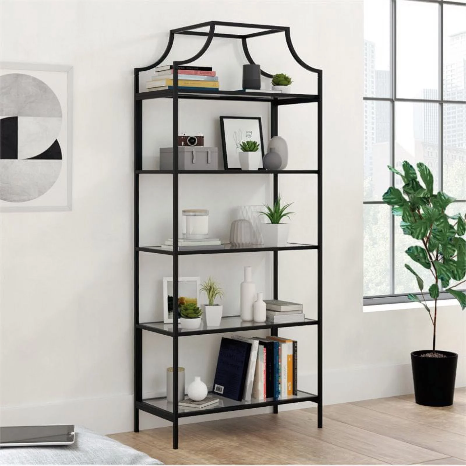 Home Square 2 Piece Living Room Set With 5 Shelf Metal Frame Bookcase and 3 Shelf Console Table in Black