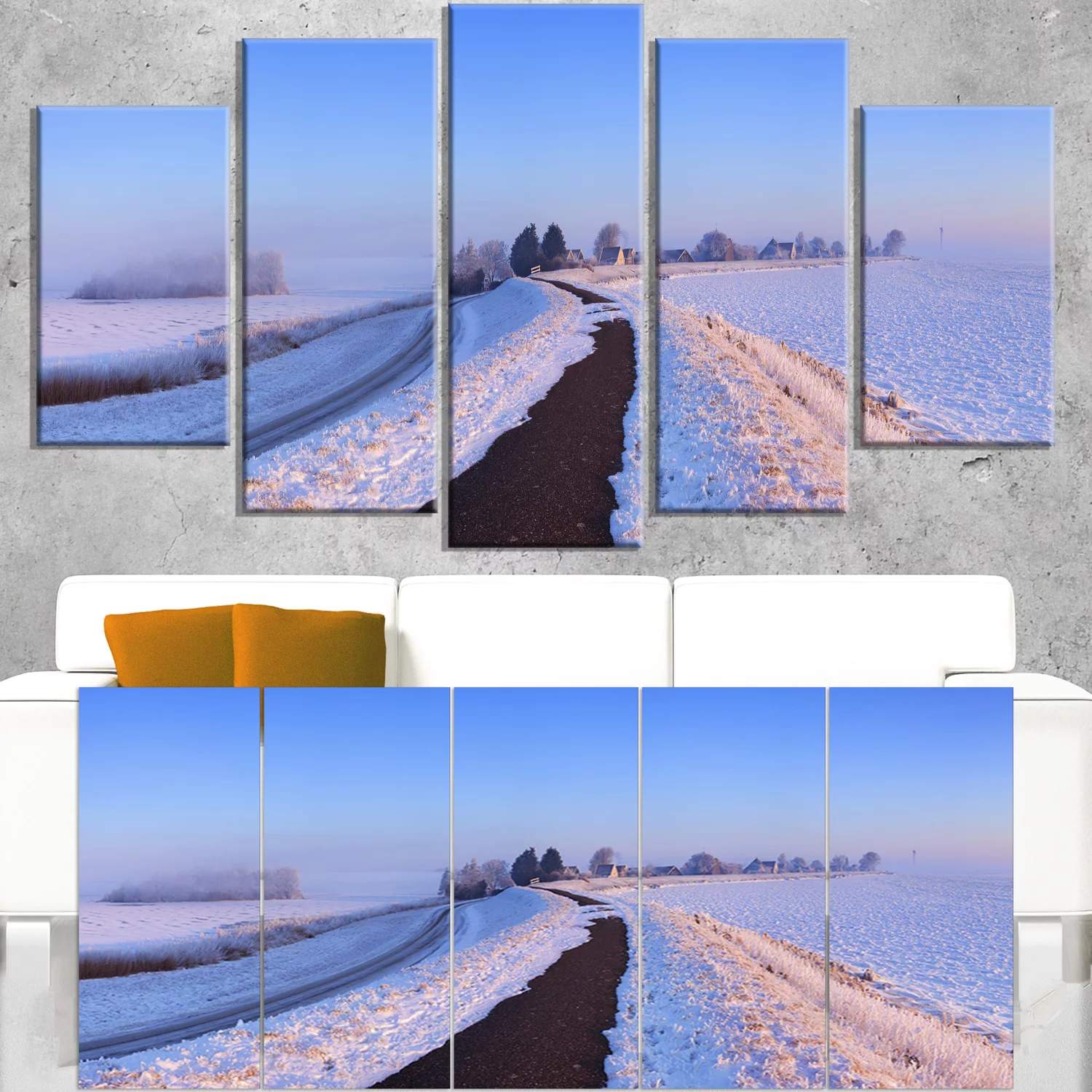 Lake and Dike at Sunrise Panorama 5 Piece Photographic Print on Wrapped Canvas Set