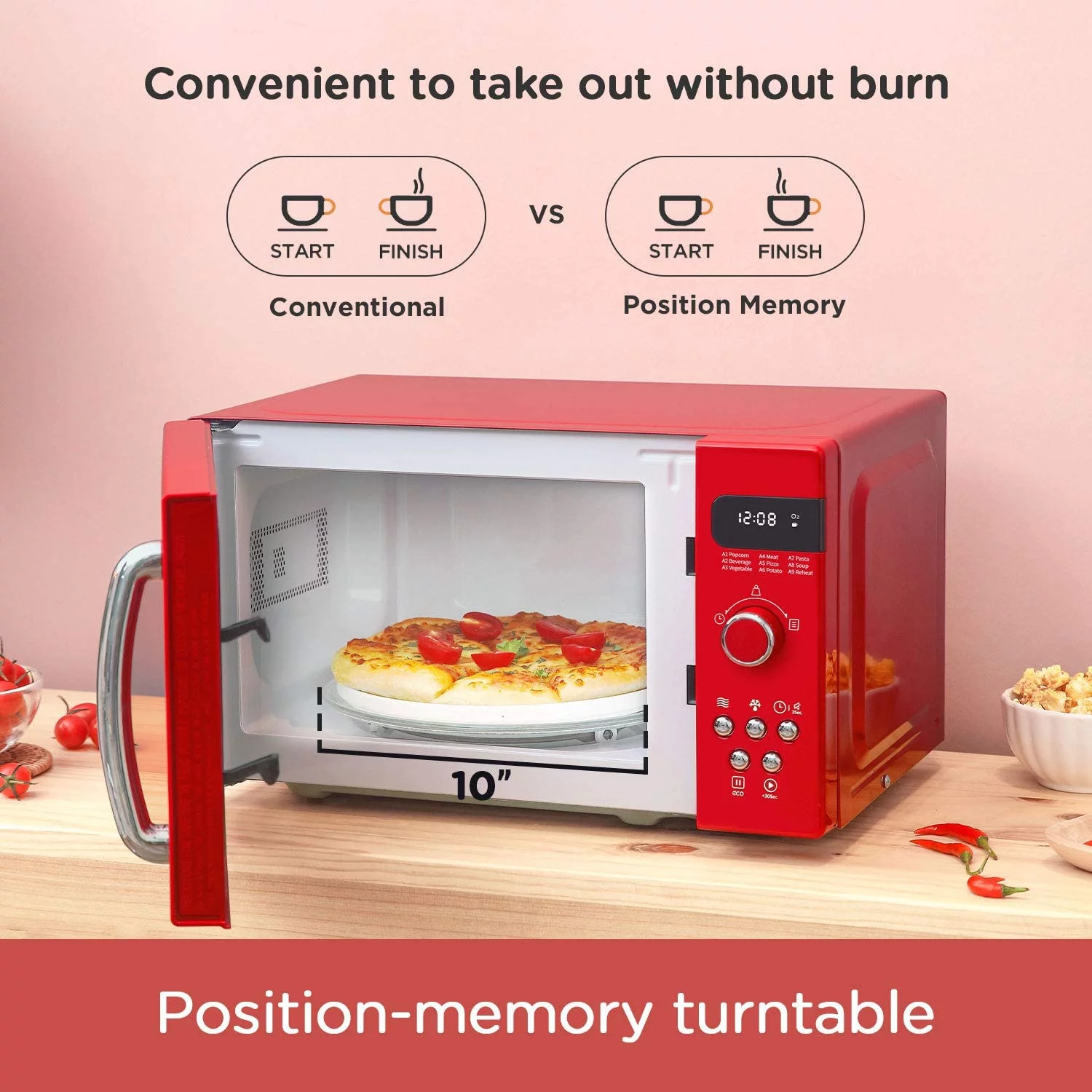 COMFEE' Retro Countertop Microwave Oven with Compact Size, Position-Memory Turntable, Sound On/Off Button, Child Safety Lock and ECO Mode, 0.7Cu.ft/700W, Passionate Red, AM720C2RA-R