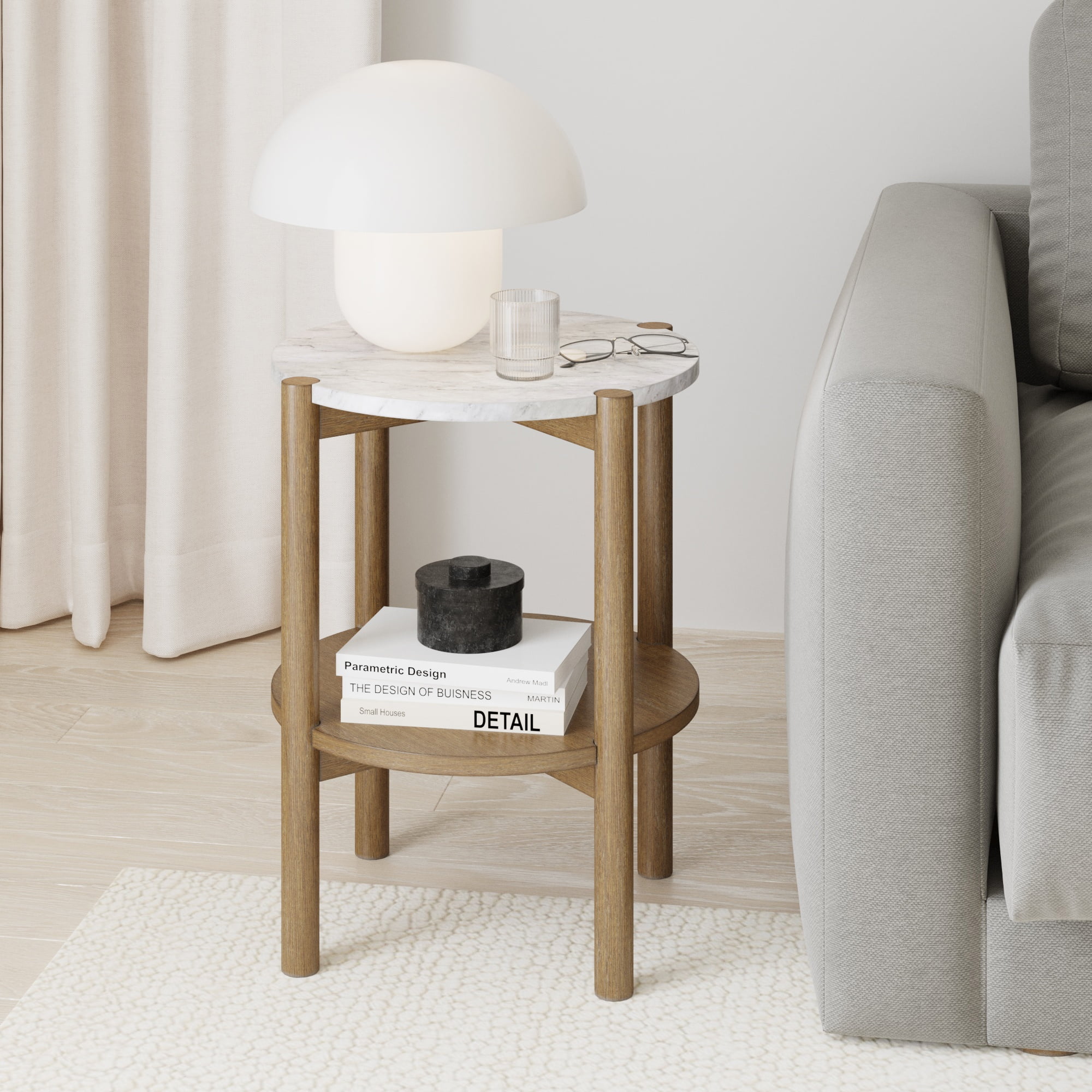 Nathan James Tucker Round Accent Small Side Table, Wood Sofa End Table with Marble Top for Living Room or Bedroom