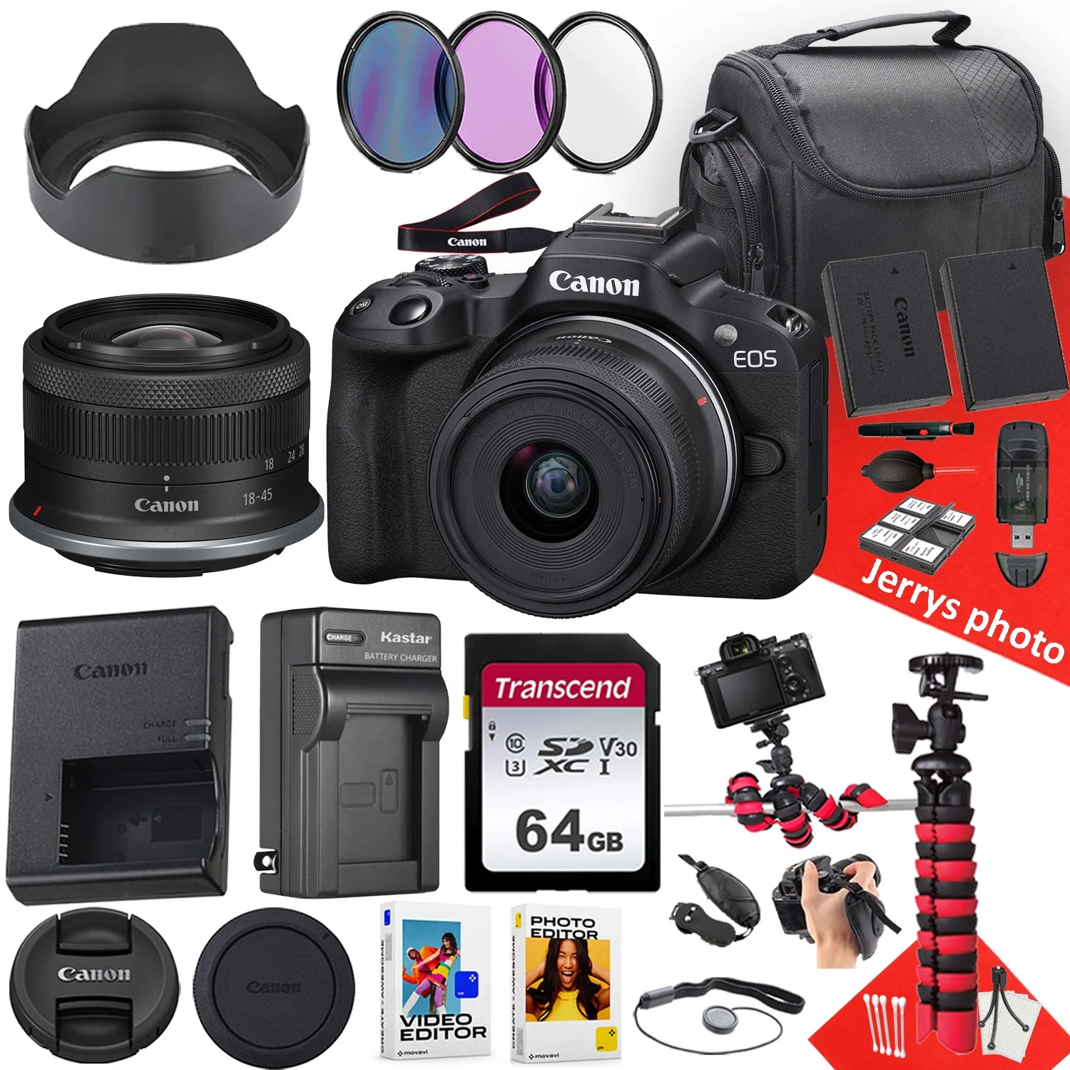 Canon EOS R50 Mirrorless Camera With RF-S 18-45mm f/4.5-6.3 IS STM Lens + 64 GB Memory + Hood + Extra Battery + Battery Charger + Filters + More (25pc Bundle)