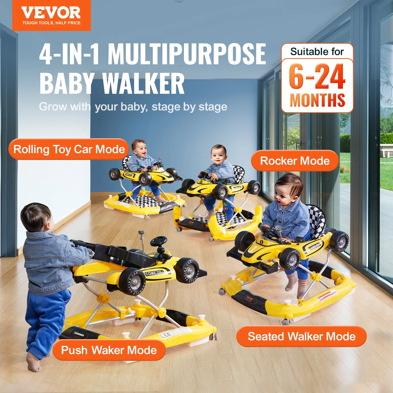 SKYSHALO Baby Walker 4 in 1, Foldable Height Adjustable Baby Walker with Wheels, Infant Toddler Walker with Foot Pads, Anti-Fall Baby Walker With Steering Wheel for Boys and Girls 6-24 Months