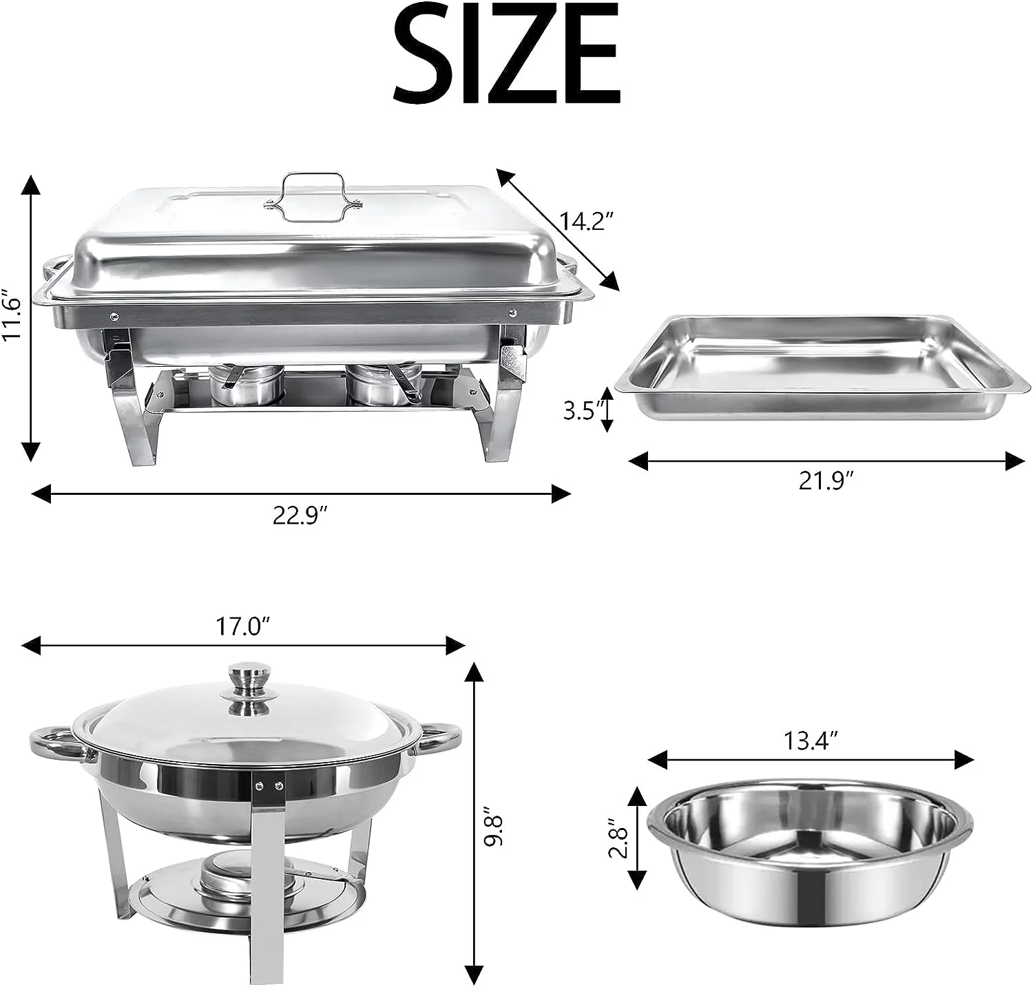 JSTUOKE Chafing Dish Buffet Set,2 Rectangular Chafers 9L + 2 Round Chafing Dish 3.5L