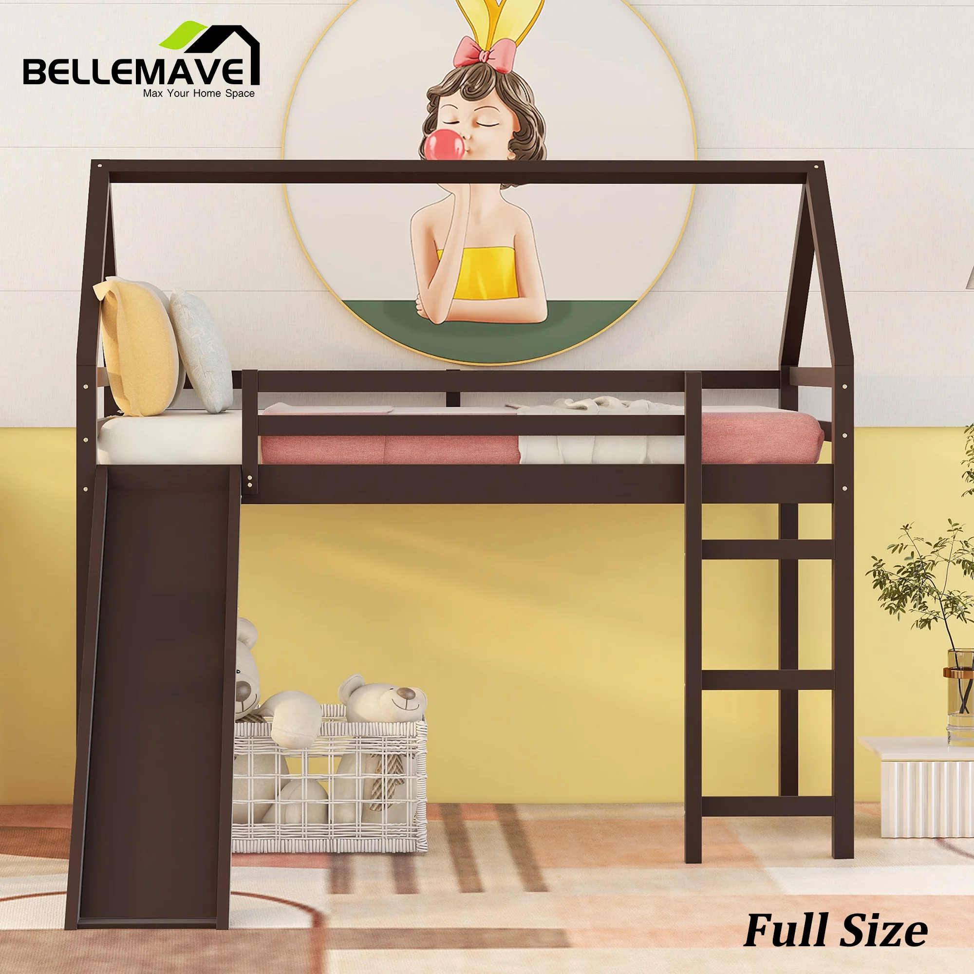 Full Loft Bed with Slide and Ladder, House Loft Bed Full Size, Kids House Bed with Silde, Low Loft Bed for Kids,Girls, Boys(Espresso)