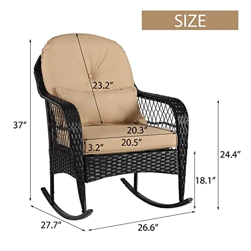 B Outdoor Wicker Rocking Chair All Weather Wicker Rocker Chair with Cushions for Garden Patio Yard Porch Lawn Balcony Backyard (1PCS-Black Wicker-Khaki)