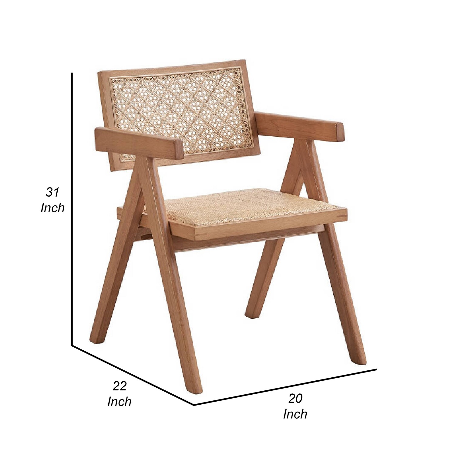 Benjara Tina 22 Inch Dining Armchair Set of 2, Woven Rattan, Natural Brown Wood