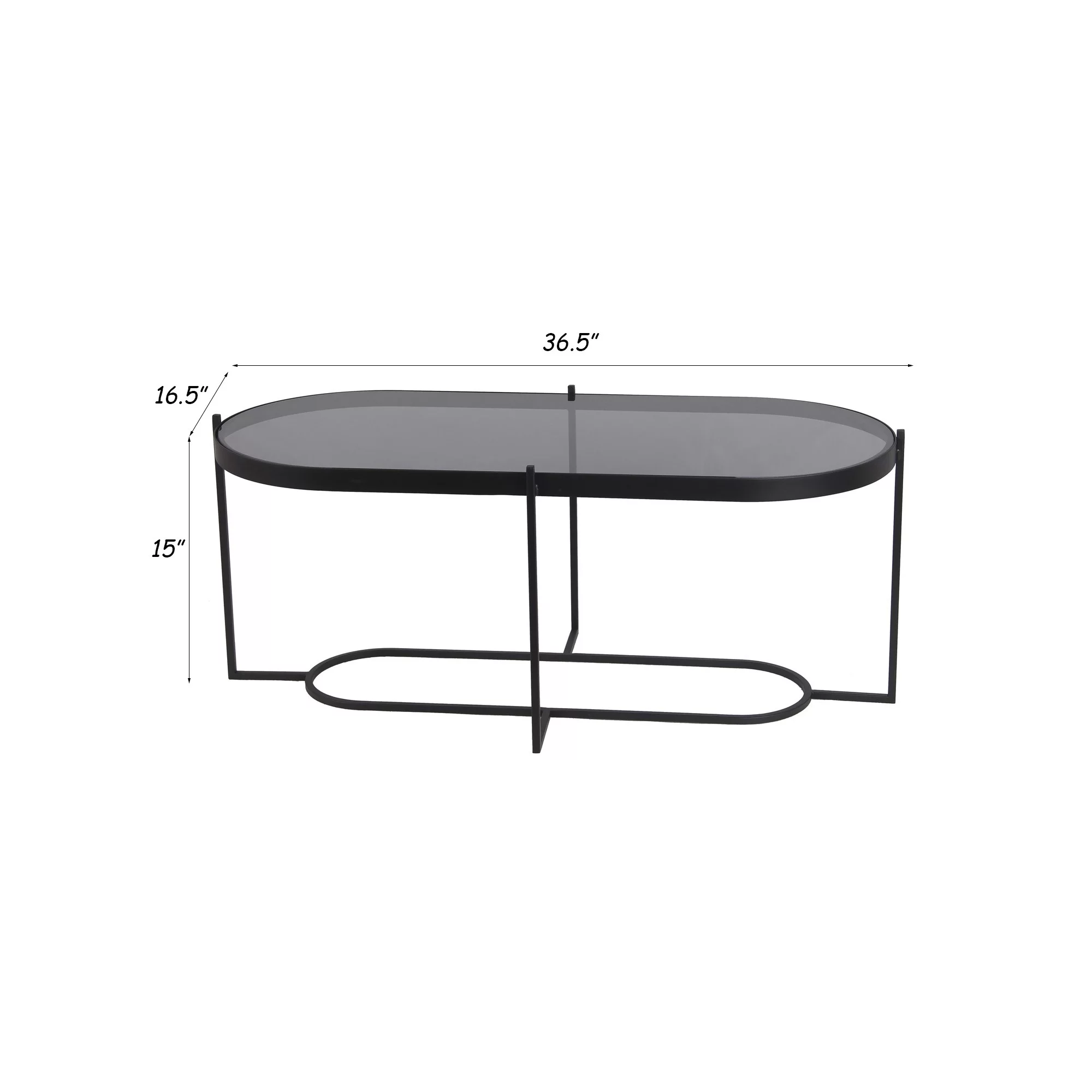 Benjara Obround Coffee Table with Smoked Glass Top, Black