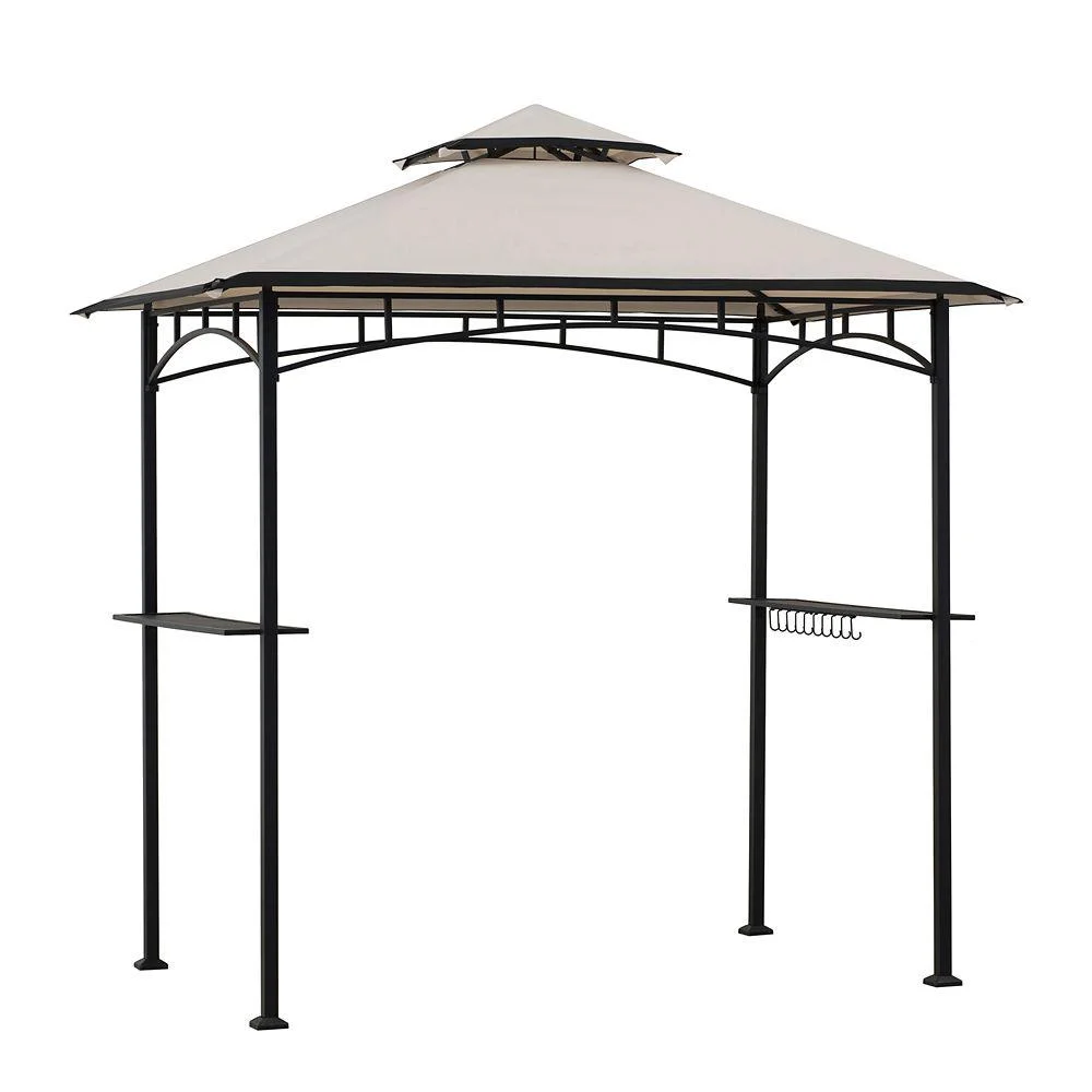 Sunjoy 5 x 8 ft Black Steel Frame Double Tiered Canopy Grill Gazebo for Outdoor, Patio, Garden Beige