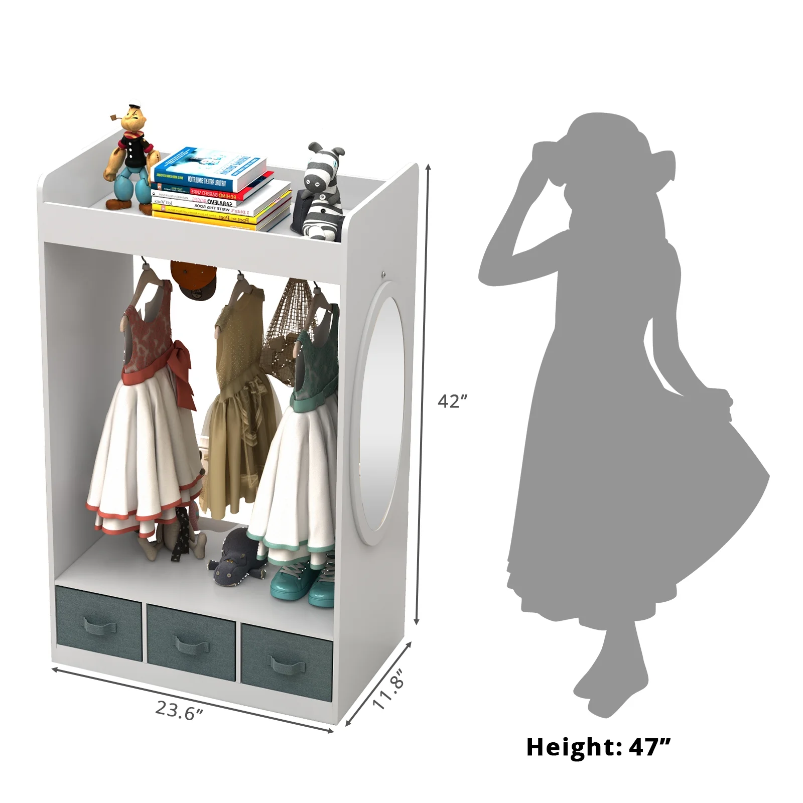 Large Dress up Storage w/Mirror, Kids Costume Organizer, Portable Closets with 3 Non-Woven Drawers, Kids Costume Closet Open Storage Space, for Children Bedroom Party Nursery, White