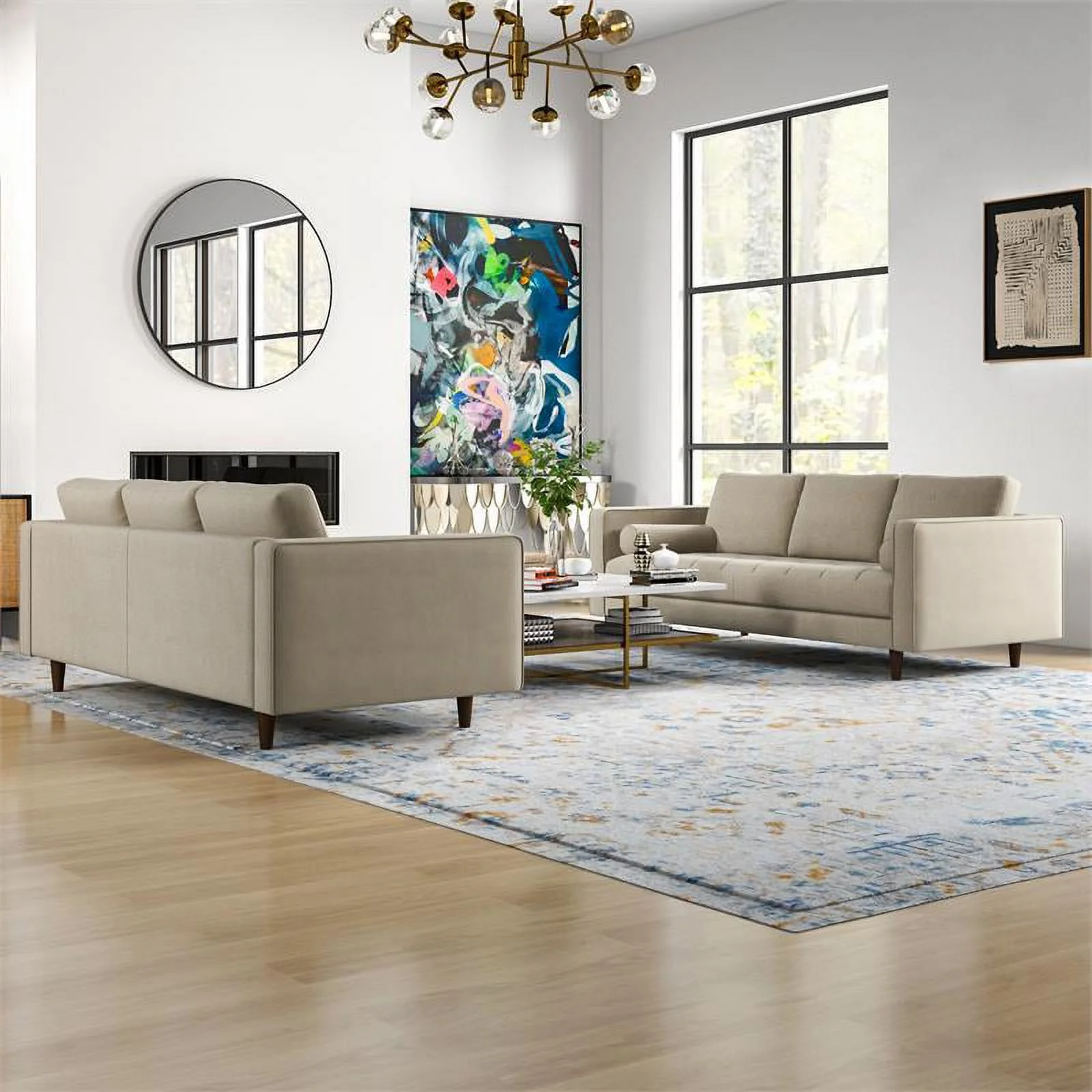 Tahir Mid-Century Pillow Back Velvet Sofa Set in Beige