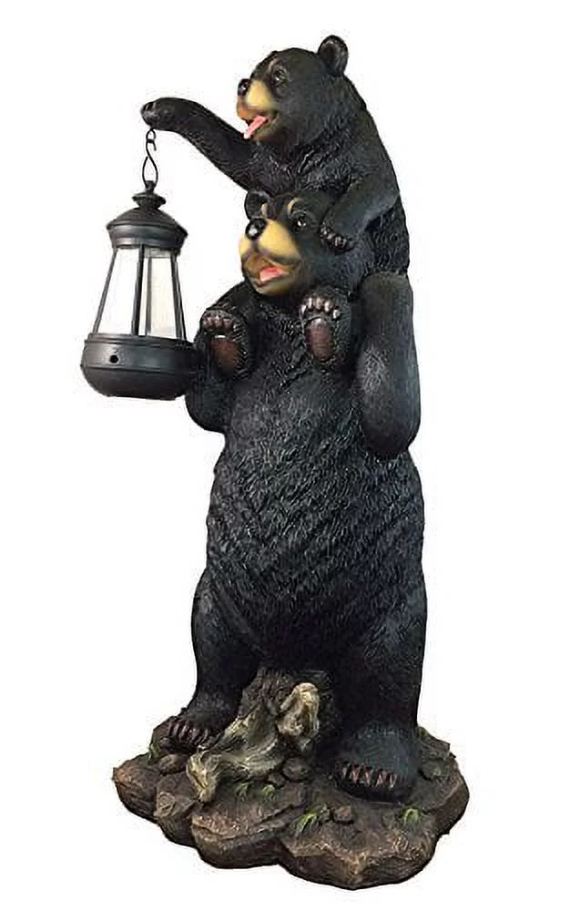 Rustic Black Bear Carrying Cub On Shoulder Family Statue Solar LED Lantern Light