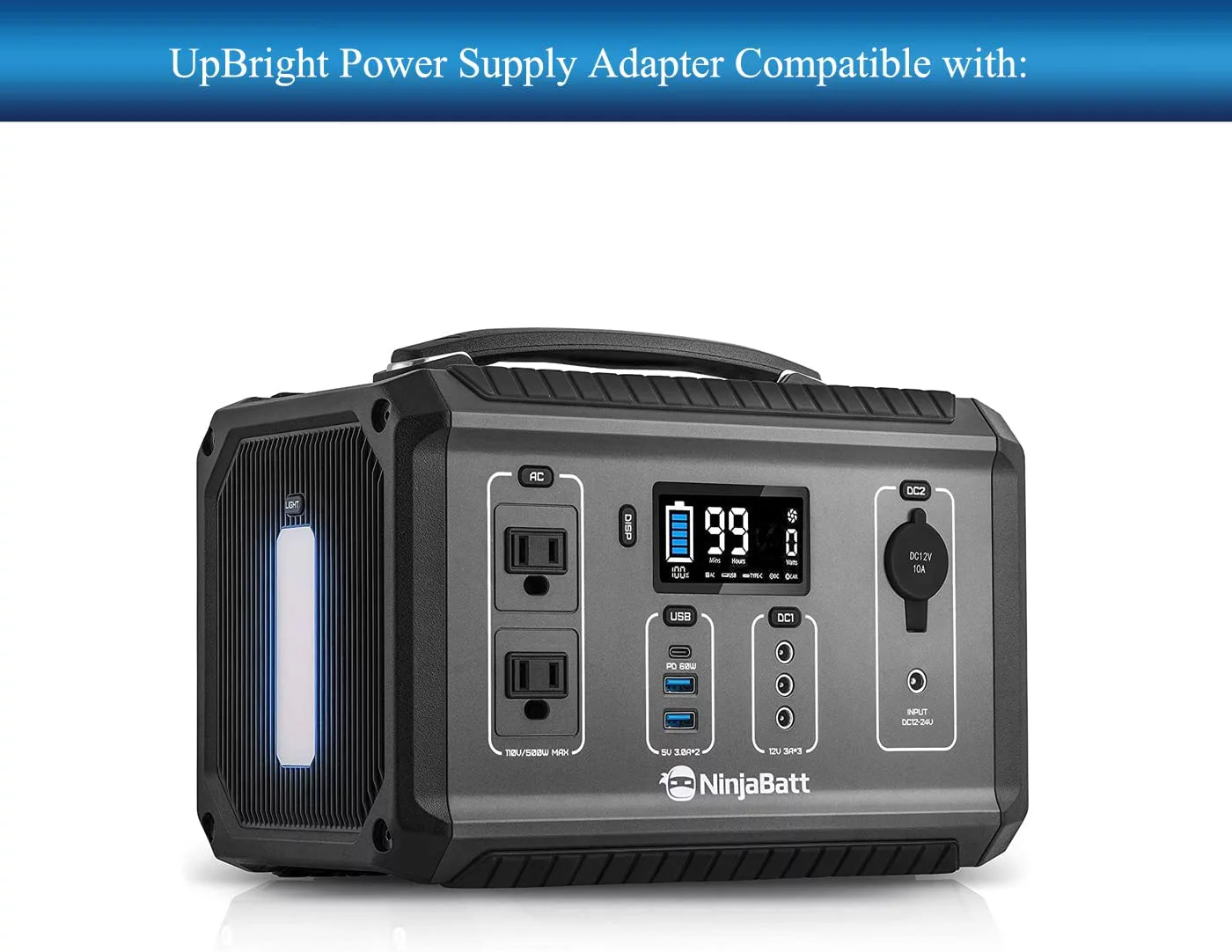 UpBright AC Adapter Compatible with NinjaBatt 500W Portable Power Station 560Wh Battery Solar Generator Backup Lithium-ion Battery NP500-A NP500A 500 Watts DC12-24V DC 12V-24V Supply Cord Charger PSU
