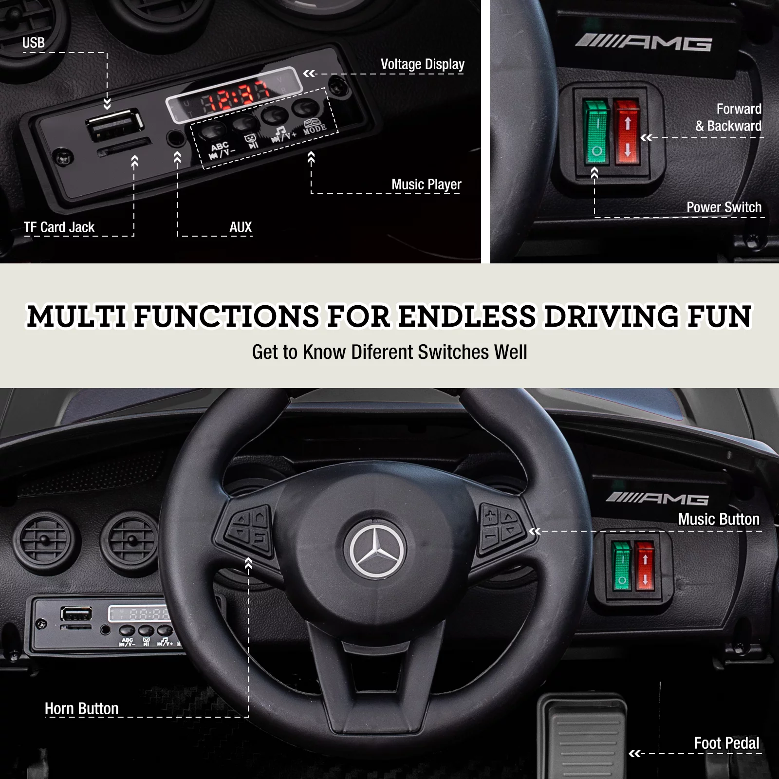 JOINATRE 12V Kids Ride on Car, Licensed Mercedes Benz AMG GTR Electric Cars, Battery Powered Ride on Toys with Remote Control, 3 Speeds, Music, LED Lights and Safety Belt, Black