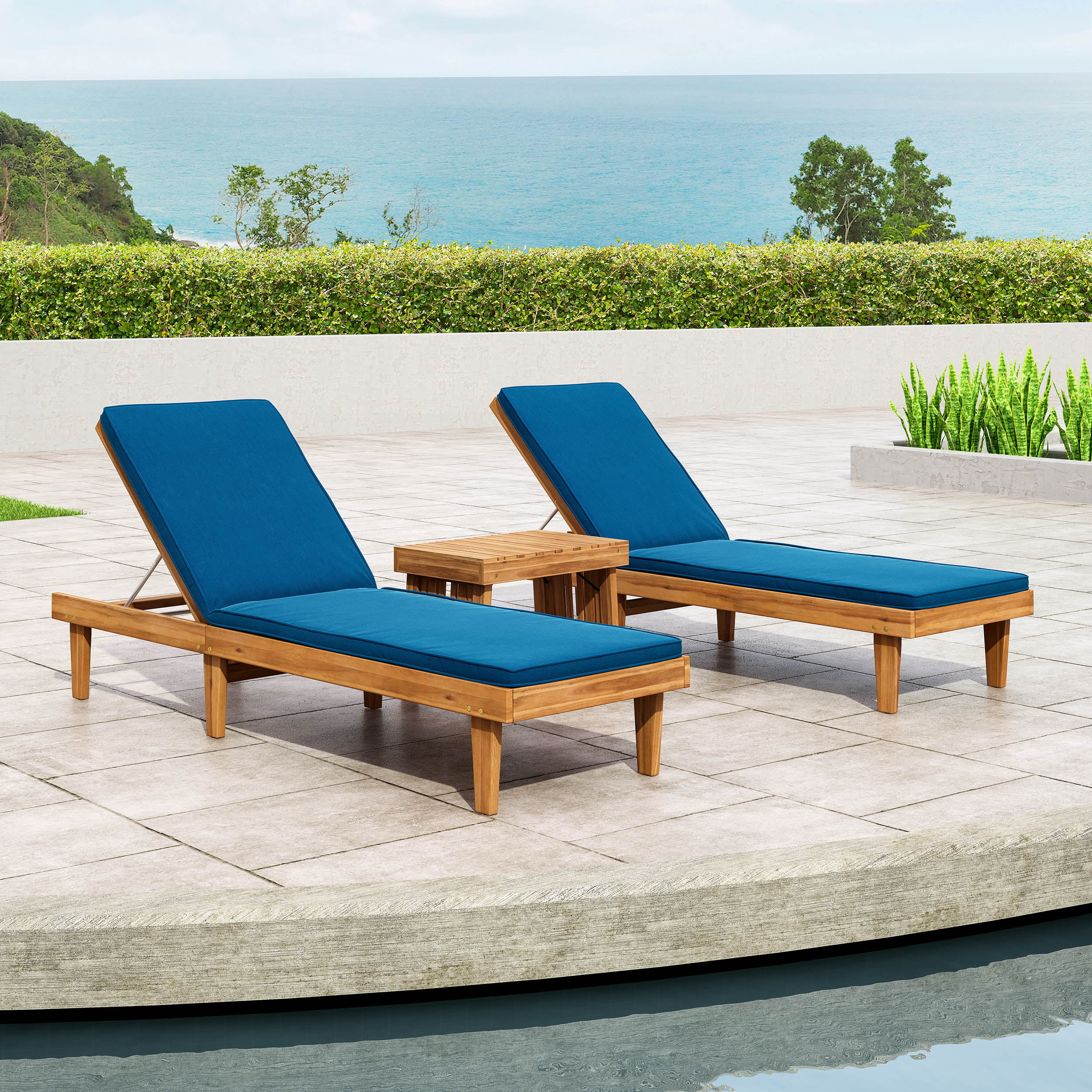 Addisyn Outdoor Acacia Wood 3 Piece Chaise Lounge Set, Teak and Blue