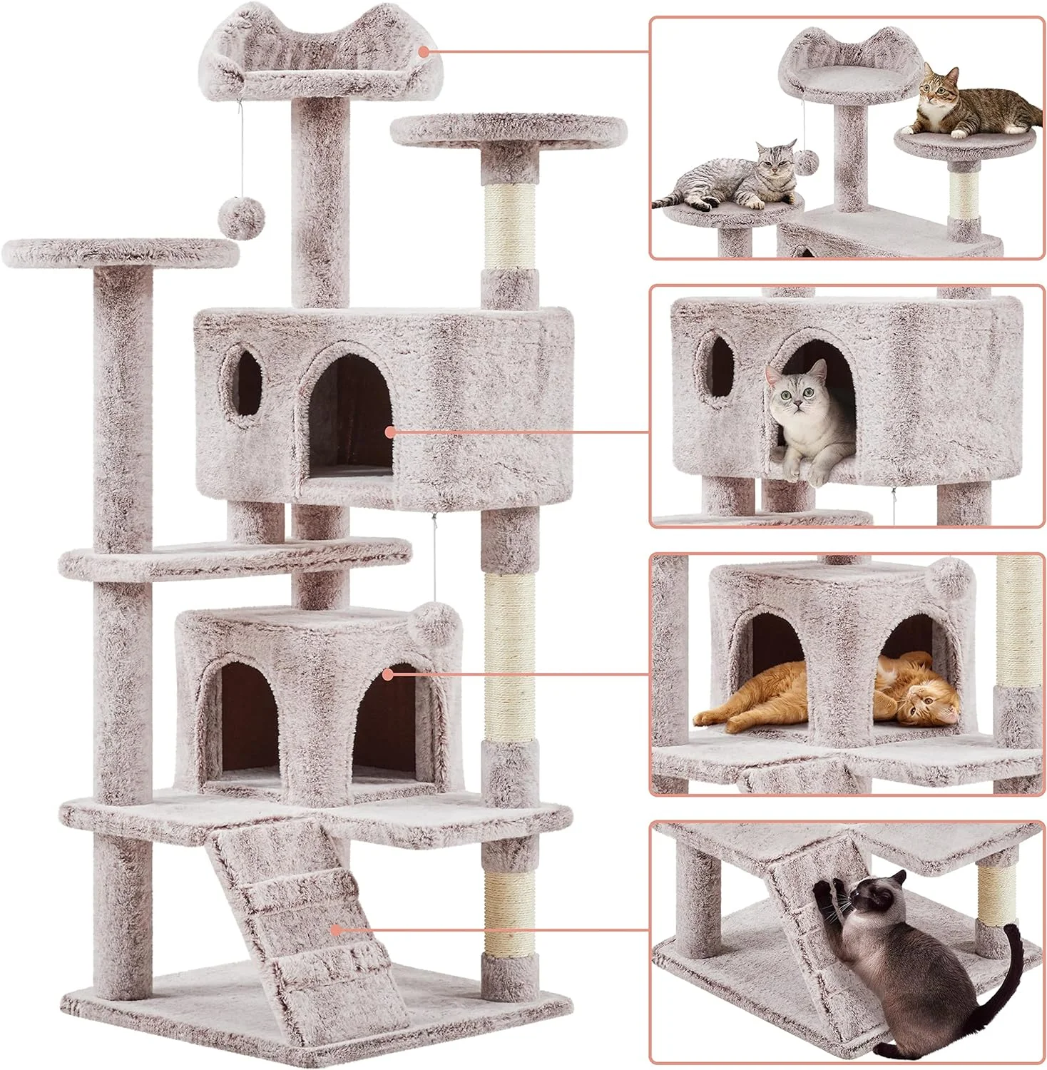 54in Cat Tree, Cat Tower with Double Cat Condo, Sisal Scratching Posts, and Dangling Balls, Cat Furniture Kitten Play House