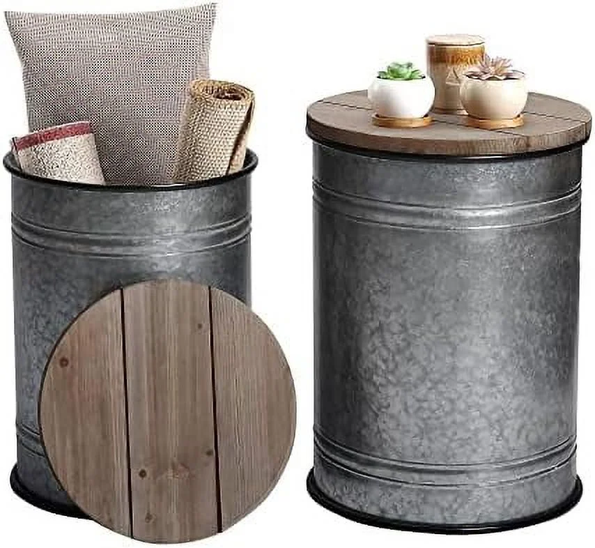 CHUIJN Farmhouse Accent   Rustic  Ottoman Seat Stool  Galvanized Antique Metal End Table Box Bin with Round Wood Lid  Coffee or Cocktail Table  Nesting Pieces Two (Pure Galvanized)