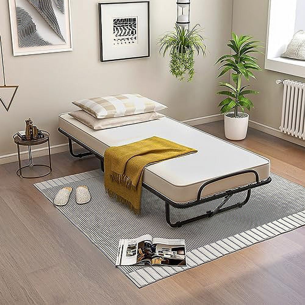 HBROLJF Rollaway Folding Bed with 4 Inch Mattress for Adults  Foldable Portable Guest Bed with Memory Foam Mattress & Sturdy Metal Frame  Cot Size Fold up Bed on Wheels  Easy to Store