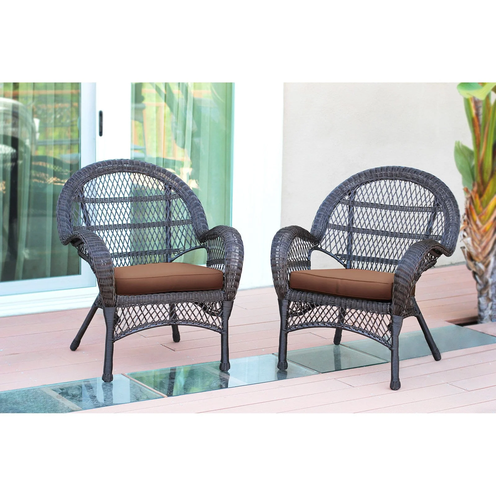 Jeco Wicker Chair in Espresso with Orange Cushion (Set of 2)