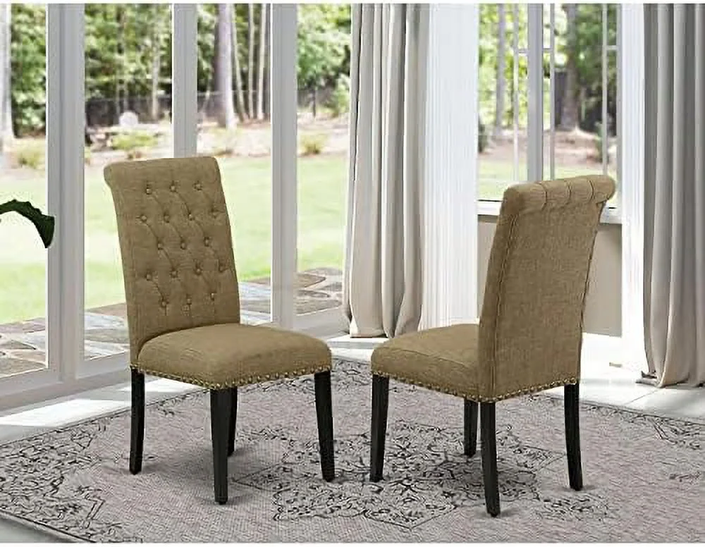 BRP1T17 Parson Dining Room Button Tufted Nailhead Trim Light Sable Linen Fabric Padded Chairs, Set Of 2, Black