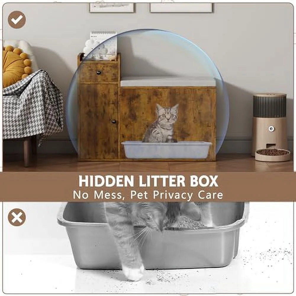 Cat Litter Box Enclosure  34” Litter Box Enclosure with Top Opening with Removable Cushion  Wooden Cat Washroom Hidden Litter Box Furniture House