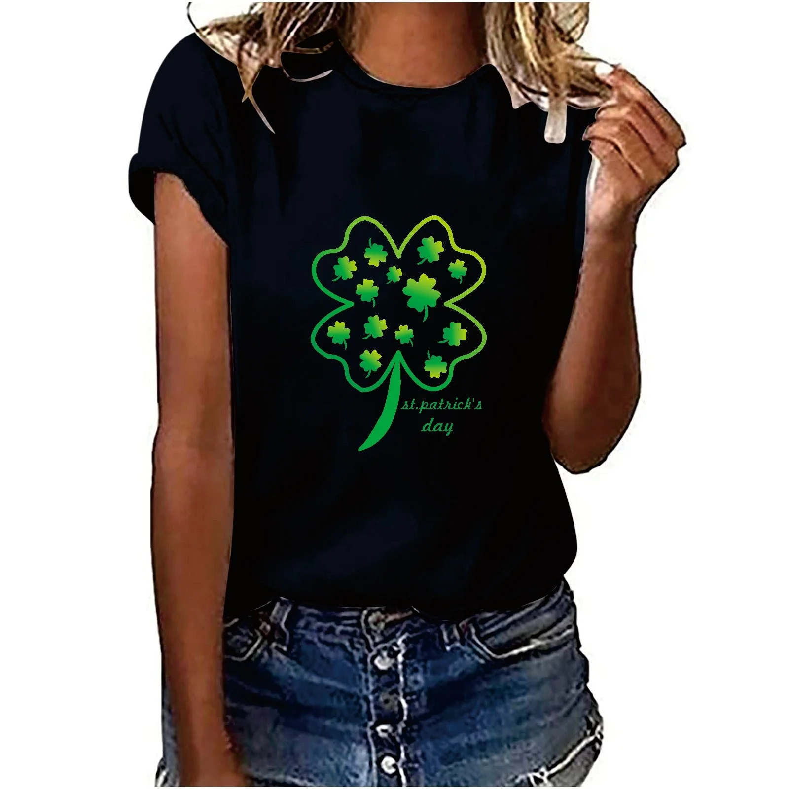 YUHAOTIN Female Spring Tops for Women 2024 Casual Cotton St Day Green Shirts Cute Four Leaf Printed Shirt Graphic Short Sleeve Tops Going Out Tops Flowy Cropped Workout Tops for Women