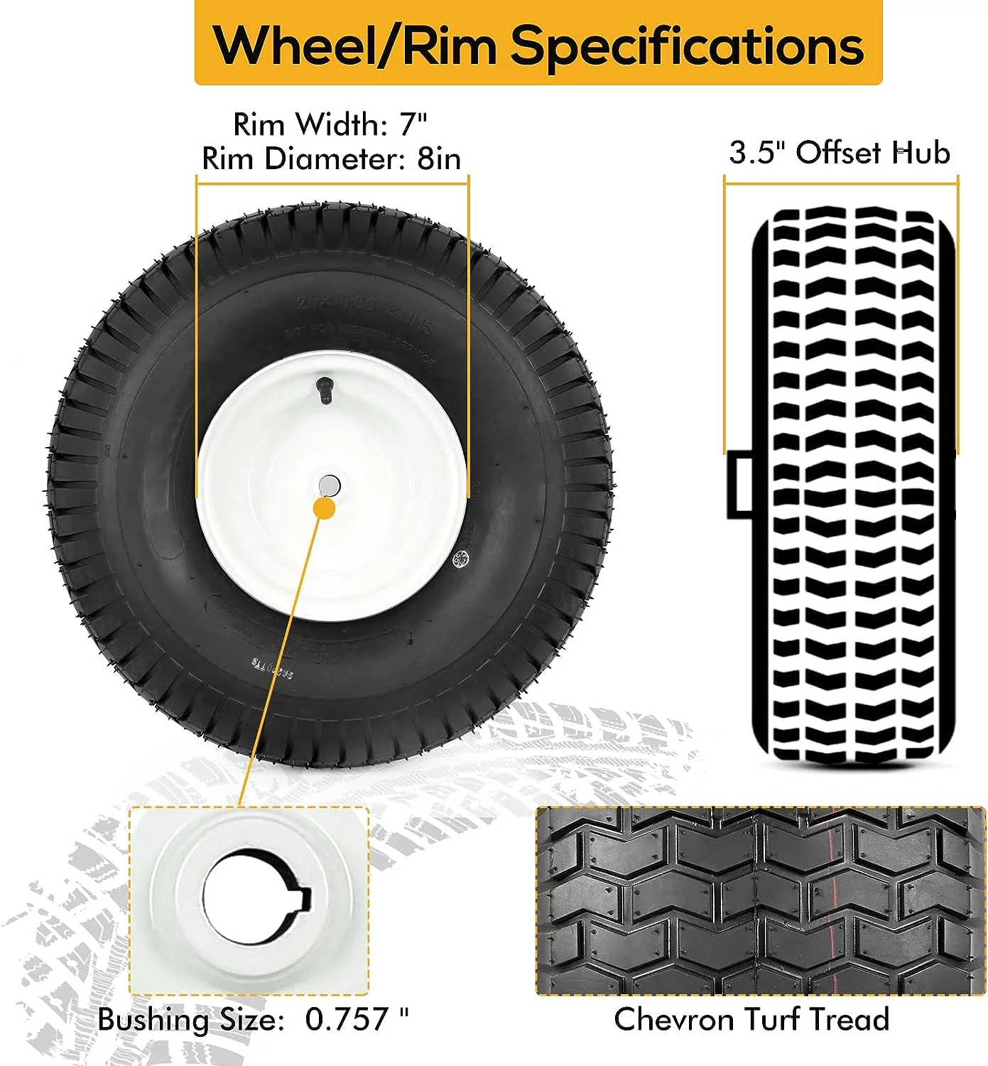 Eyoloty 20x10.00-8 Tubeless Lawn Mower Tires with Rim, 3.5