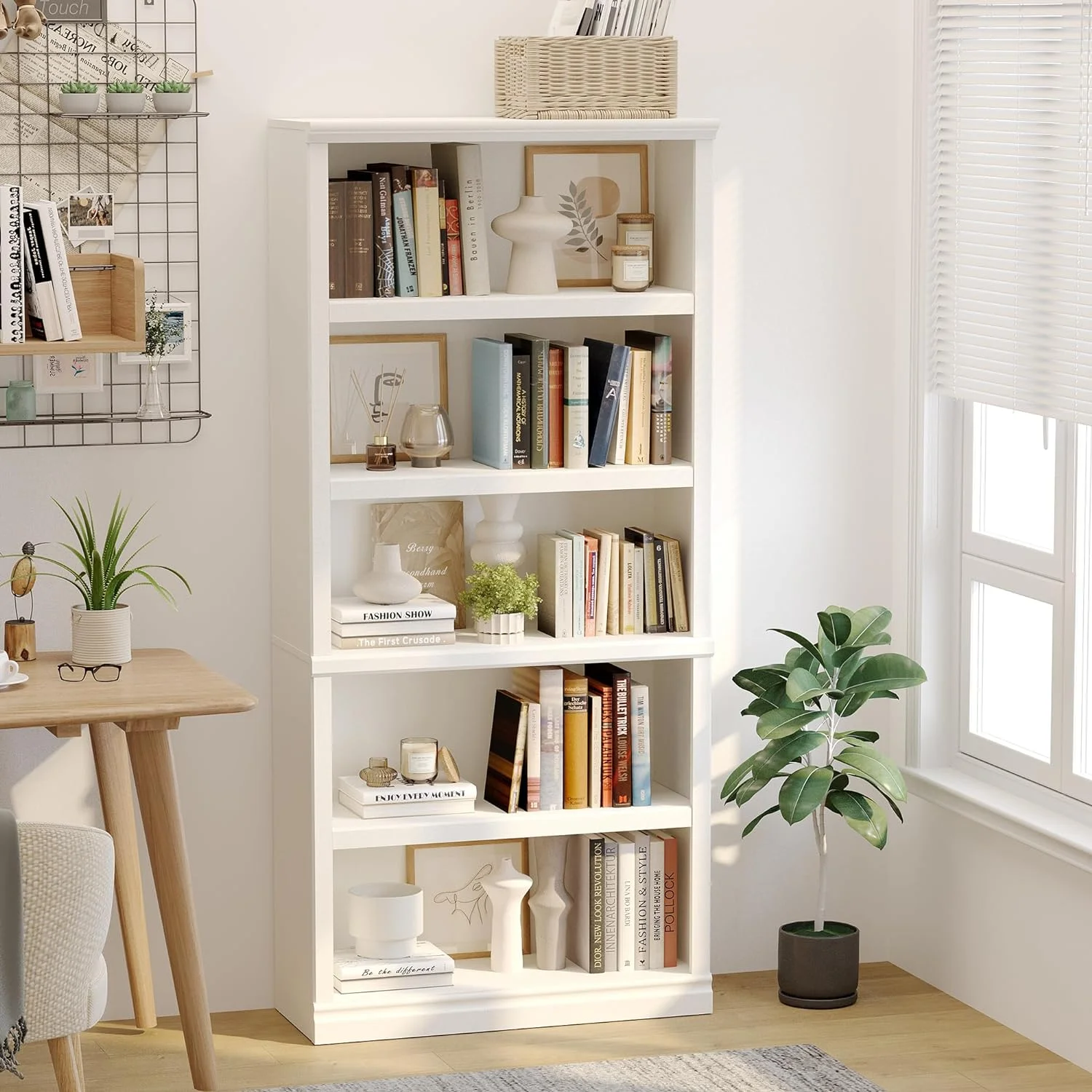 U-SHARE 5-Shelf Tall Bookcase White Wooden Bookshelves 33in Wide Floor Standing Display Storage Shelves 70 in Tall Bookcase for Home Office, Living Room, Bed Room
