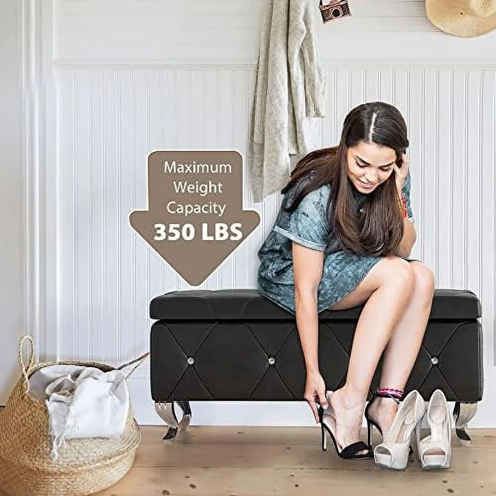 TQJKLFDY Ottoman  23'' Upholstered Silver Faux Leather Ottoman with Crystal Tufted Button  Flip Top Foot  Bench for Bedroom End of Bed  Living Room