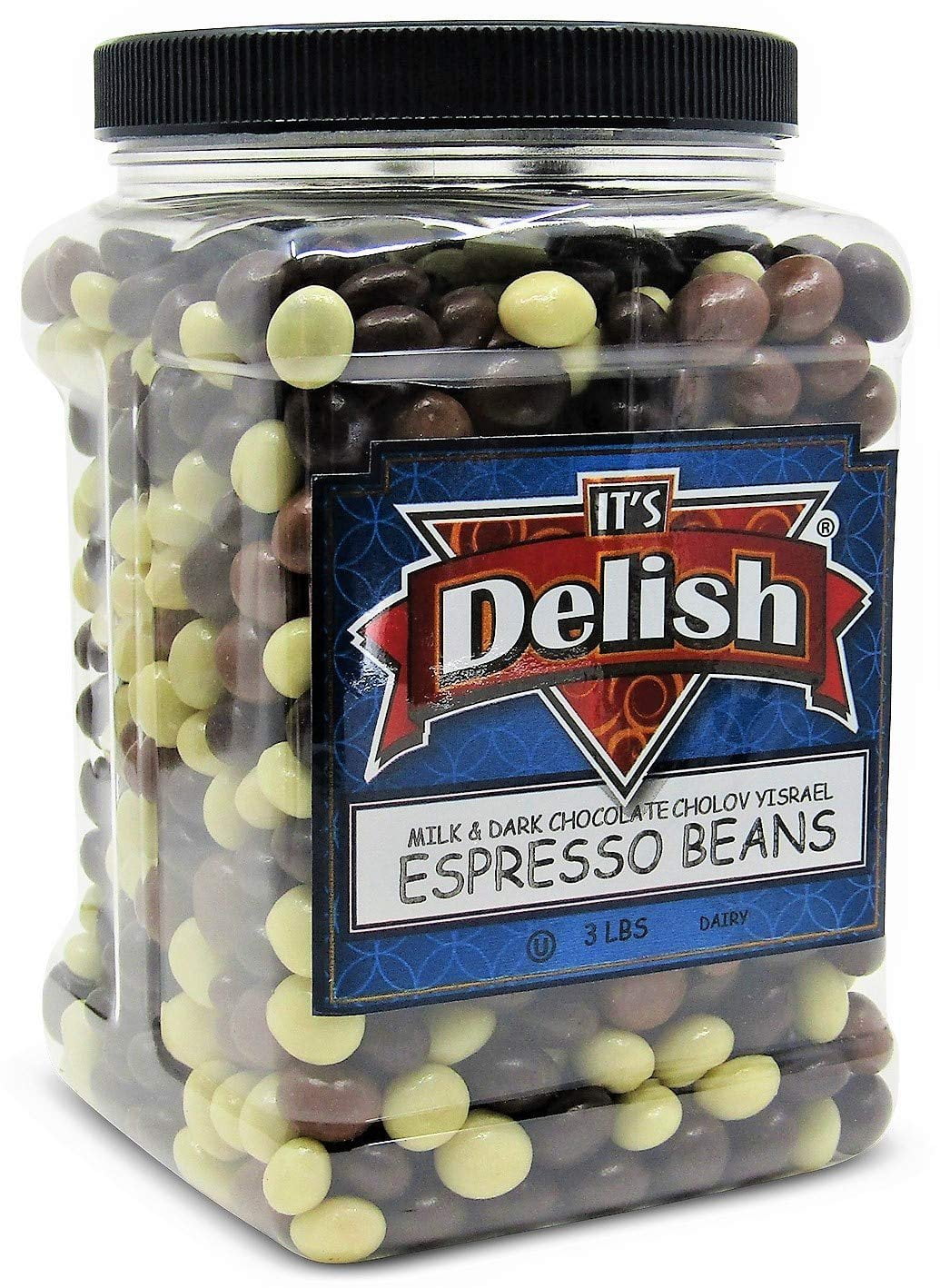 Gourmet Chocolate Covered Espresso Beans Medley by Its Delish , 3 LBS Jumbo Reusable Container - Premium Kosher Dairy Mix of Dark, Milk & White Chocolate Covered Coffee Beans
