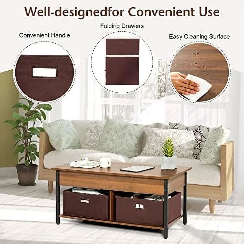 TJCGDTY Lift Top Coffee Table with Drawers  Multifunctional Pop-up Central Table with Lifting Tabletop  Concealed Compartment & 2 Folding Fabric Drawers  Home Living Room  (Rustic Bro