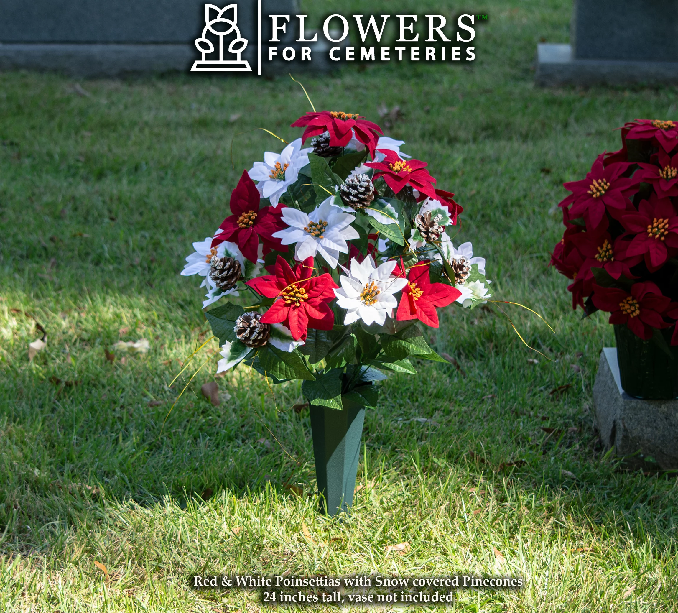 Sympathy Silks Artificial Cemetery Flowers 1 Red Poinsettia Bouquet & 1 Red/White Saddle