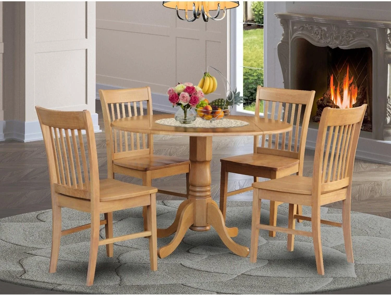YANPO DLNO5-OAK-W Dublin 5 Piece Modern Set Includes a Round Wooden Table with Dropleaf and 4 Dining Chairs, 42x42 Inch