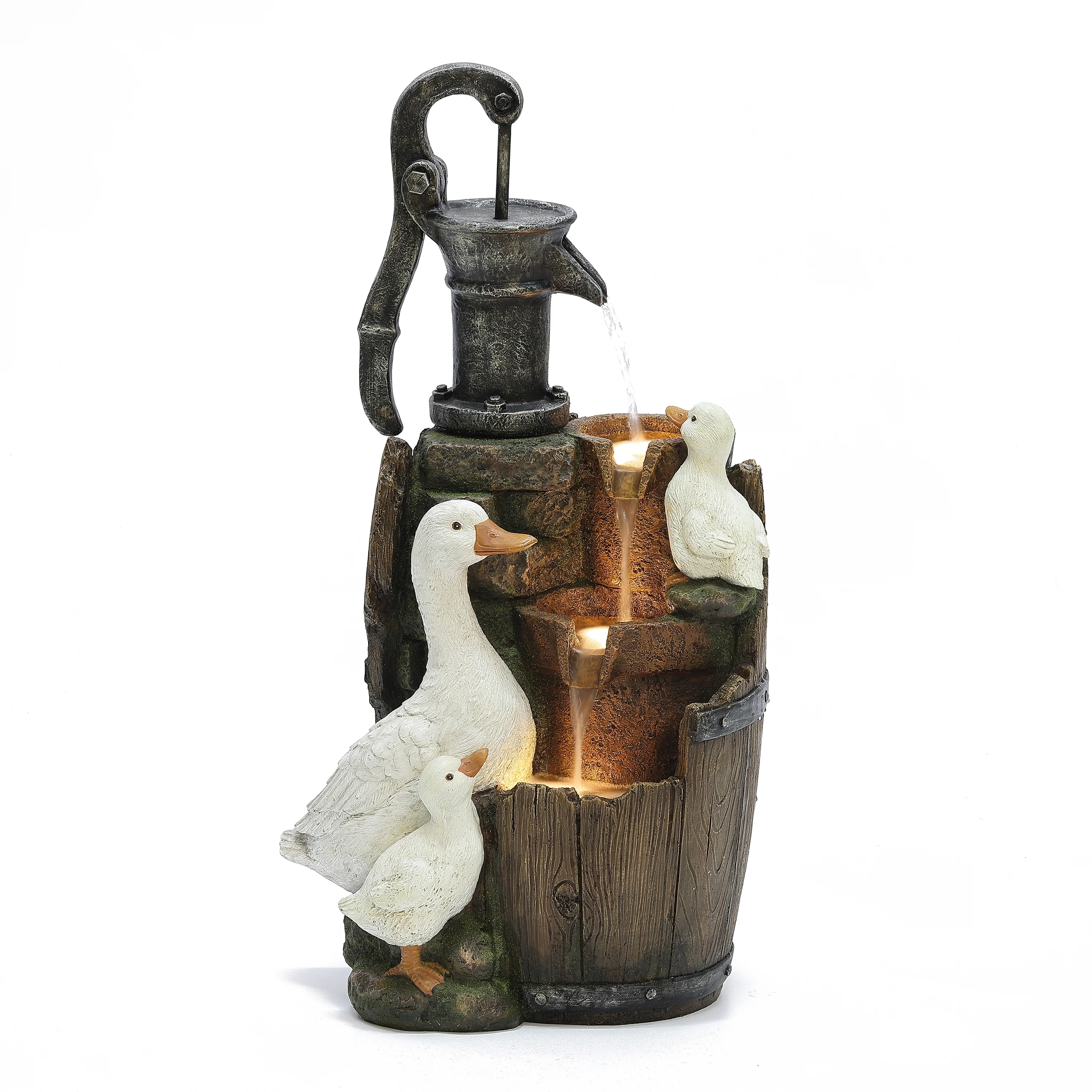 LuxenHome Farmhouse Pump and Duck Family Resin Outdoor Fountain with LED Lights