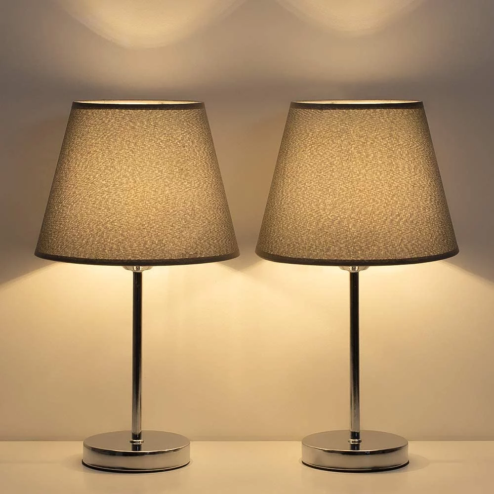 Bedside Lamps Set of 2 with Metal Base Fabric Lamp Shade, Modern Nightstand Lamps Black/Silver