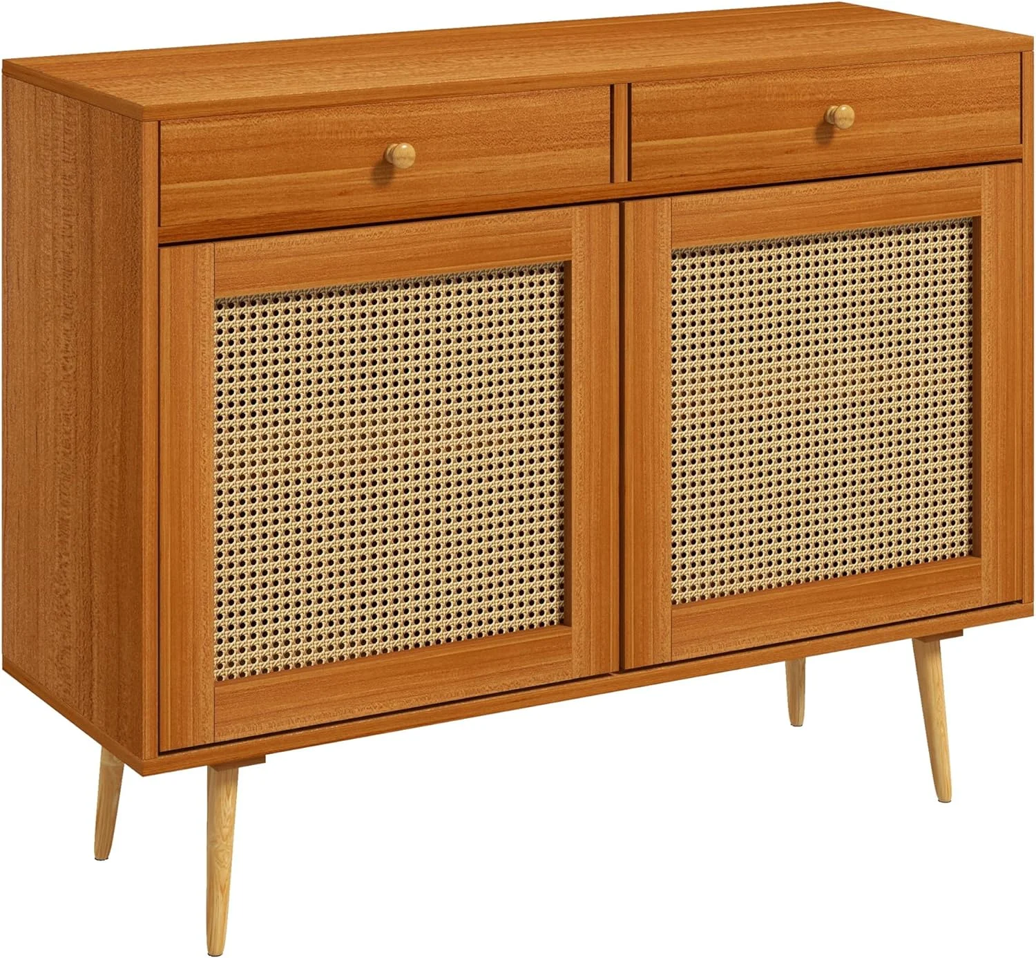 GEROBOOM Cabinet   Kitchen Cabinet with 2 Drawers  Adjustable   Rattan Doors and Wooden Legs  Accent Cabinet for Living Room  Light Brown
