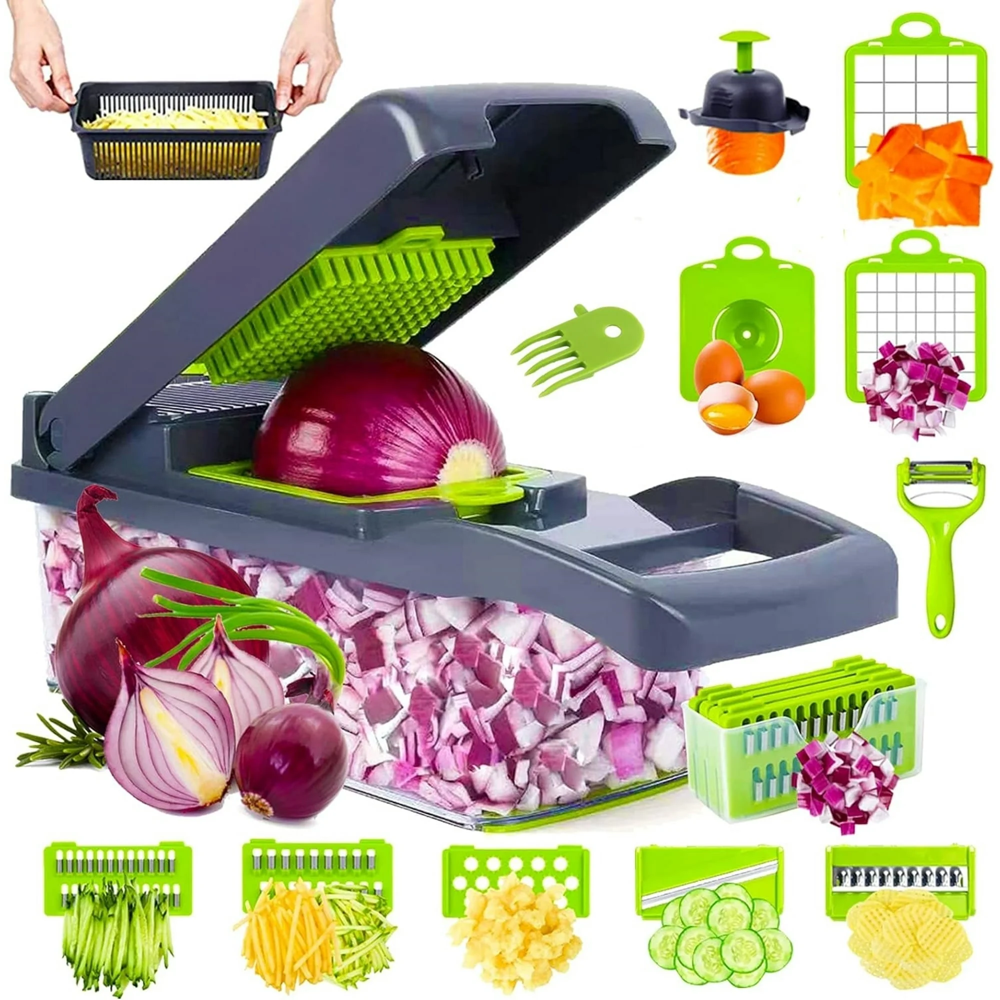 Vegetable Chopper, Veggie Chopper, Multifunctional 12 in 1 Food Chopper, Vegetable Slicer Dicer with 8 Blades, Food Choppers for Kitchen Onion Chopper Vegetable Cutter with Salad Garlic Carrot