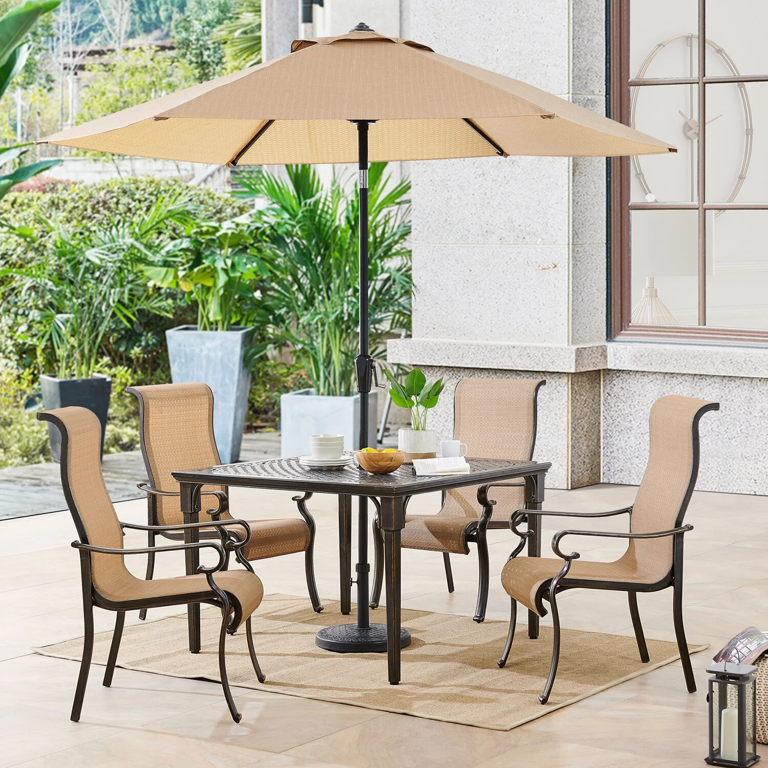 Hanover Brigantine 5-Piece Outdoor Dining Set with 4 Contoured-Sling Chairs, 42-In. Square Cast-Top Table, 9-Ft. Umbrella, and Base