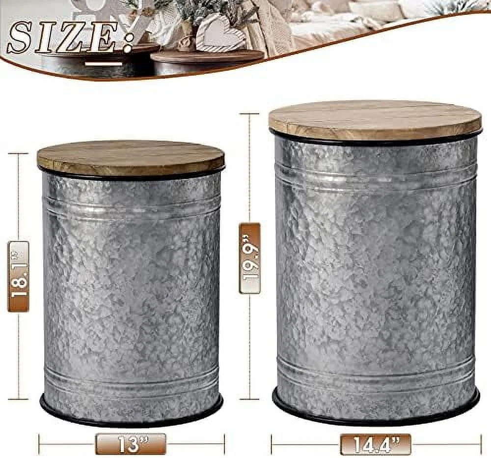 FDSHOIYN Rustic  Bins Farmhouse End Table Farmhouse  Galvanized Metal Stool Ottoman Seat with Round Wood Lid