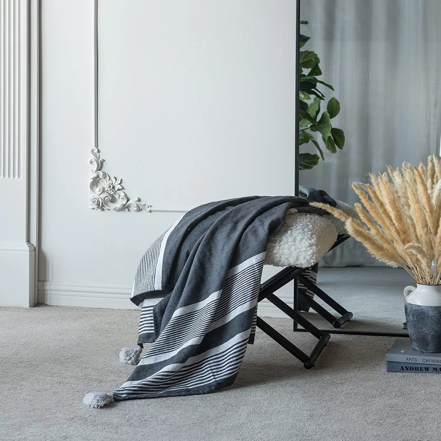 A&B Home Throw Blanket - Black and White Stripe Woven Cotton Blend Blanket, 50