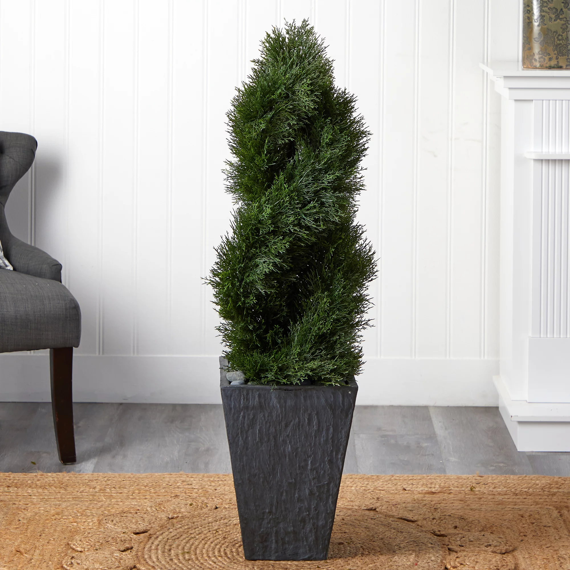 Nearly Natural 4' Cypress Double Spiral Topiary Artificial Tree in Slate Planter UV Resistant, Green