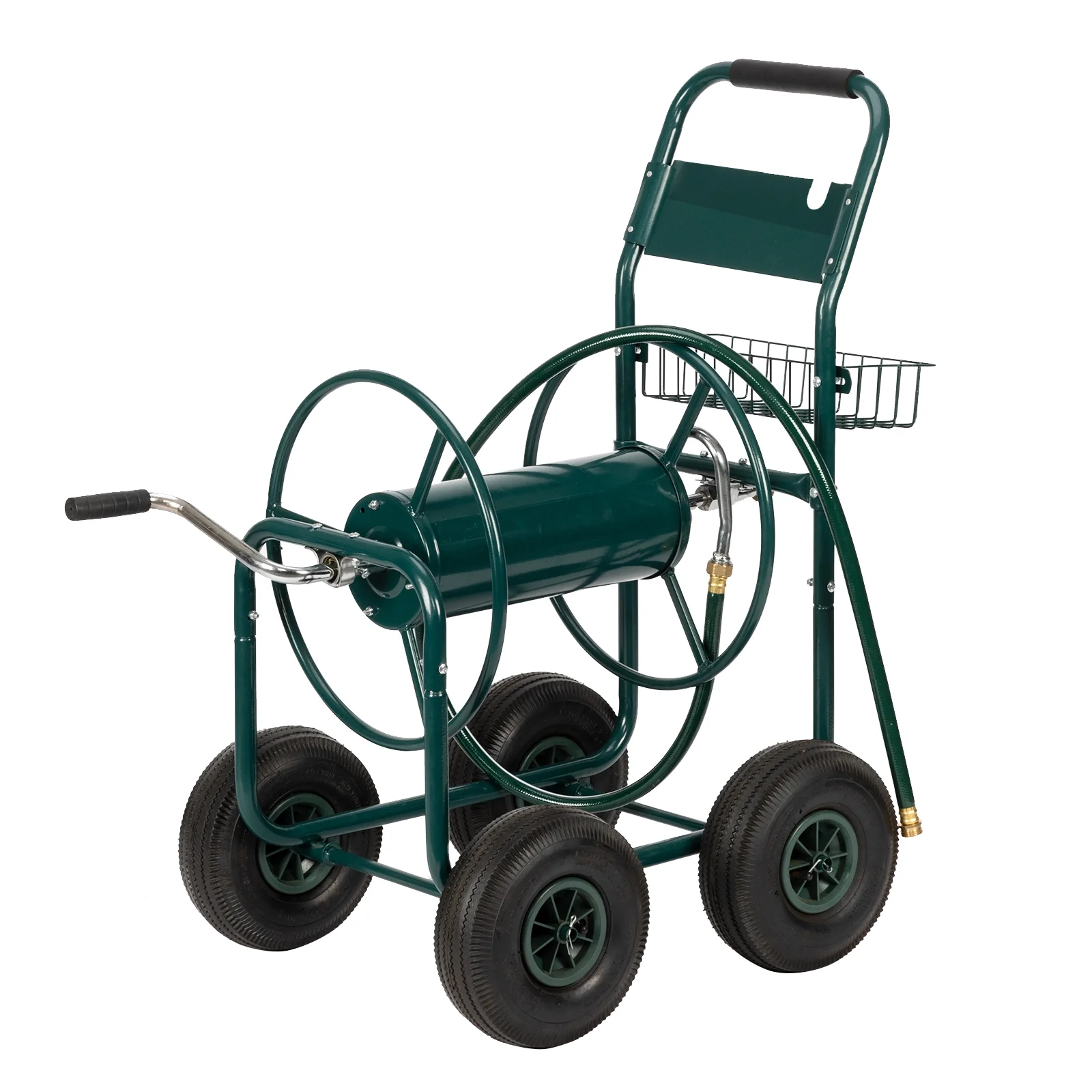 Garden Hose Reel Cart,DFITO Water Hose Cart 4 Wheels, Hold 300-feet of 5/8-inch Hose, Heavy Duty Wheel Cart Powder Coat Finish & Basket, for Garden Yard Lawn Farm Watering, (Green)