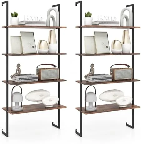 CHNKH 4 Tier Modern Wall Mounted Bookshelf Rustic Brown  64" Industrial Wood Bookcase with Metal Frame  Display  Rack Organizer  Ladder  Bookcase for Living Room  Kitchen