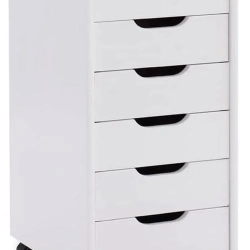 Callie Multipurpose Six Drawer Wide Wood Rolling Storage Cart With Casters In White Wash
