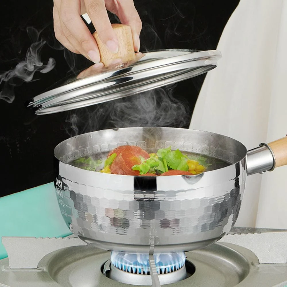 Stainless Steel Saucepan with Wood Handle,Yukihira Pan,Japanese Milk Pot,Yukihira Pot (with Glass Lid / no Lid) 18CM WITH LID