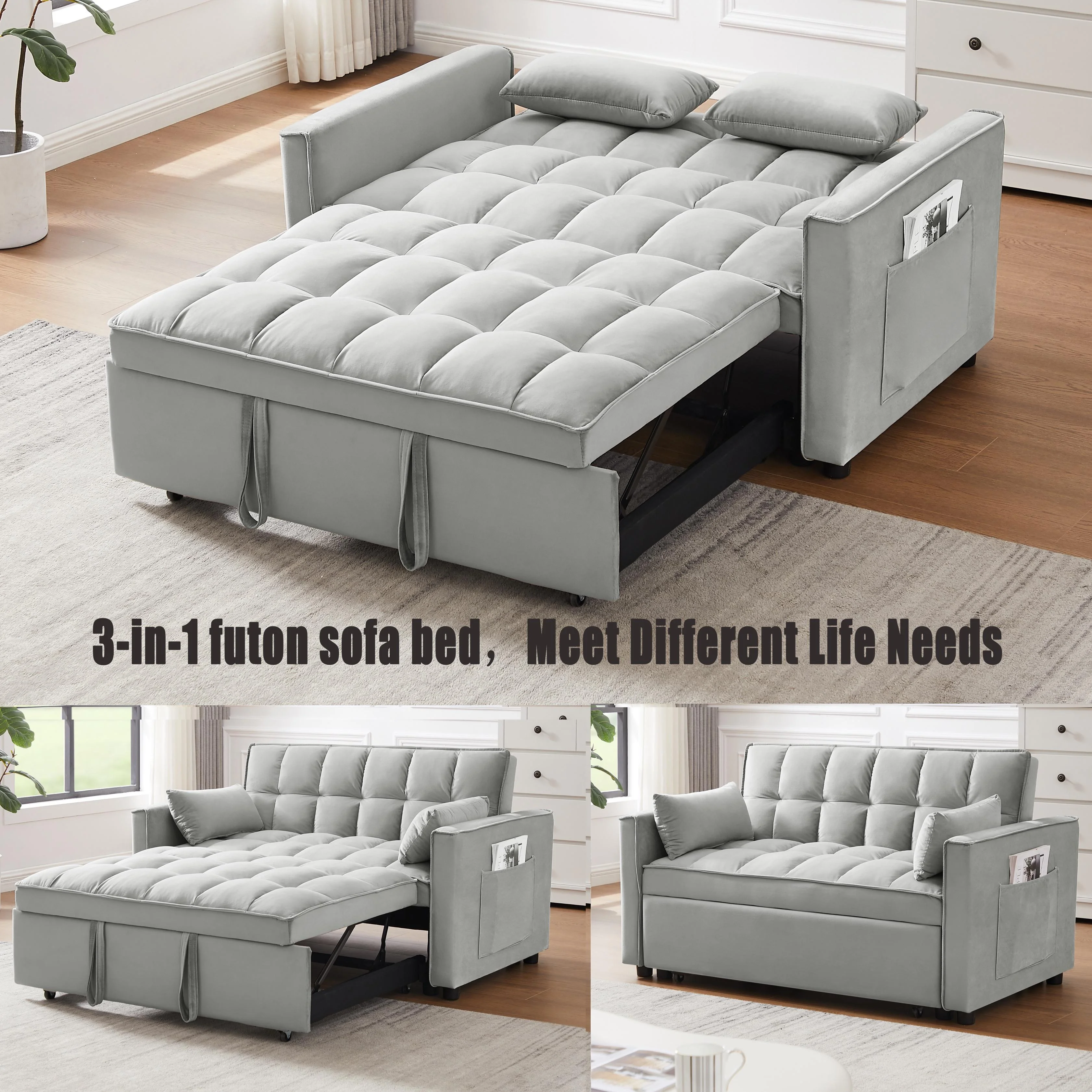 Bellemave Sleeper Sofa Bed 3-in-1 Convertible Couch with Pullout Bed, Futon 2-Seater Loveseat with Toss Pillows and Storage Pockets, 3 Level Adjustable Backrest Sofa for Living Room （Gray）