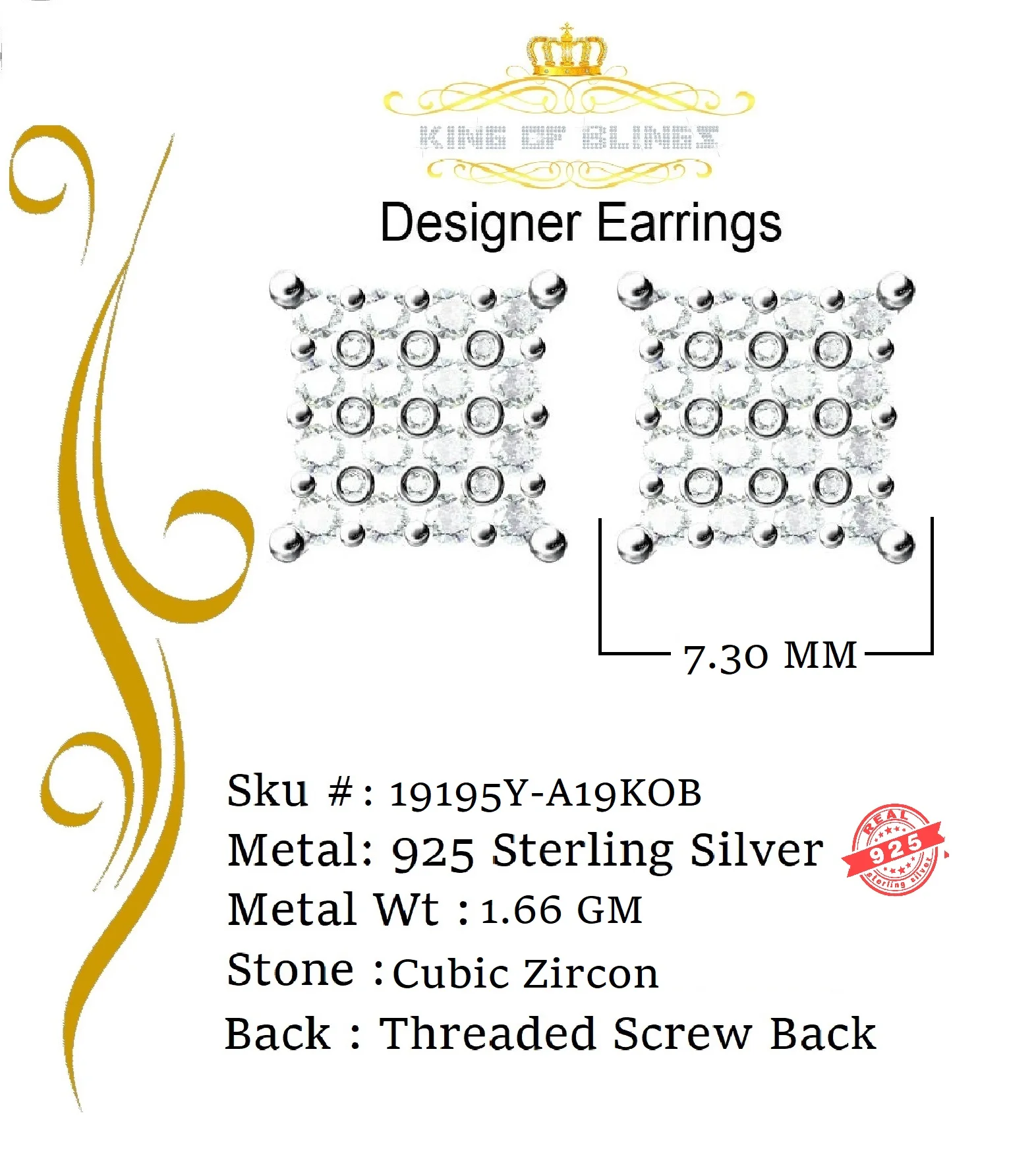 King of Bling's 0.88ct Cubic Zirconia 925 Yellow Sterling Silver Women's Hip Hop Square Earrings